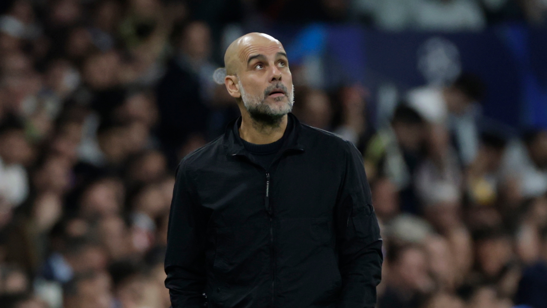 MADRID, 11/03/2026.- El entrenador del Manchester City Pep Guardiola en el encuentro correspondiente a la ida de los octavos de final de la Liga de Campeones que Real Madrid y Manchester City disputan este miércoles en el estadio Santiago Bernabéu, en Madrid. EFE/ Juanjo Martín