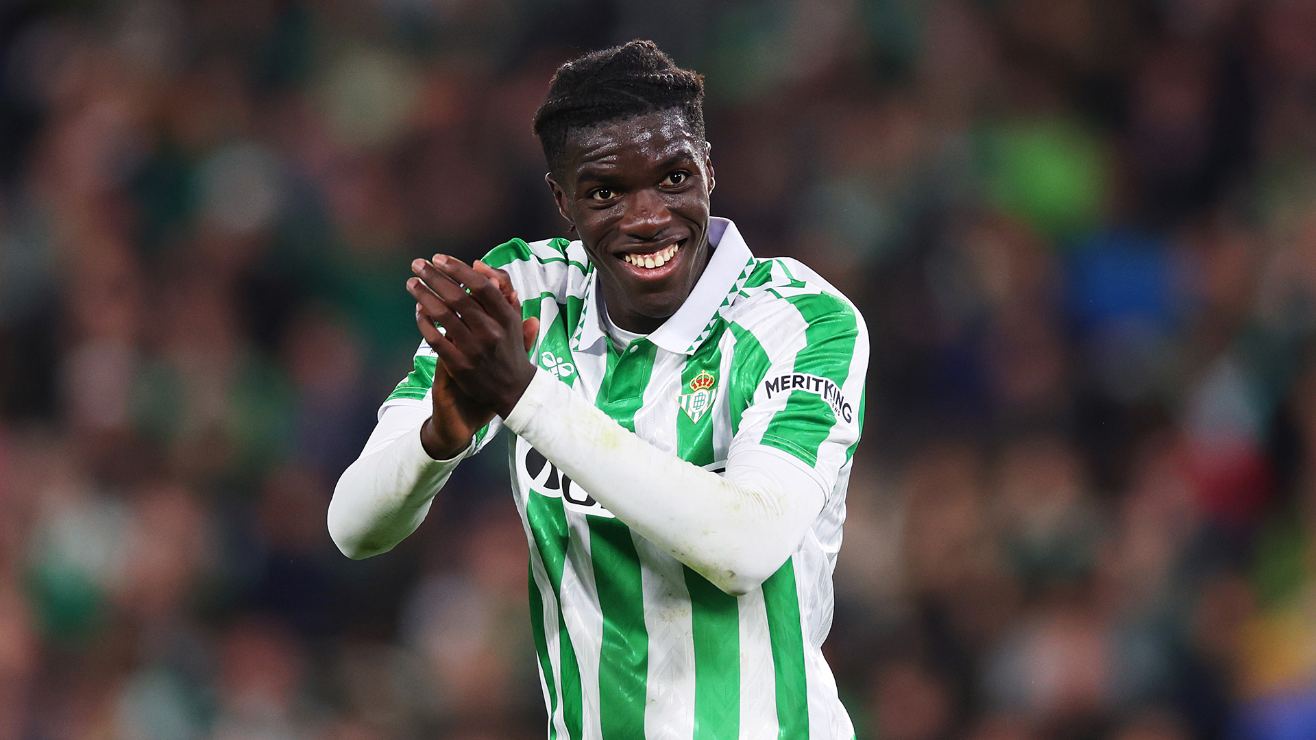 SEVILLE, SPAIN - DECEMBER 19: Assane Diao of Real Betis reacts during the UEFA Conference League 2024/25 League Phase MD6 match between Real Betis Balompie and HJK Helsinki at Estadio Benito Villamarin on December 19, 2024 in Seville, Spain. (Photo by Fran Santiago/Getty Images)