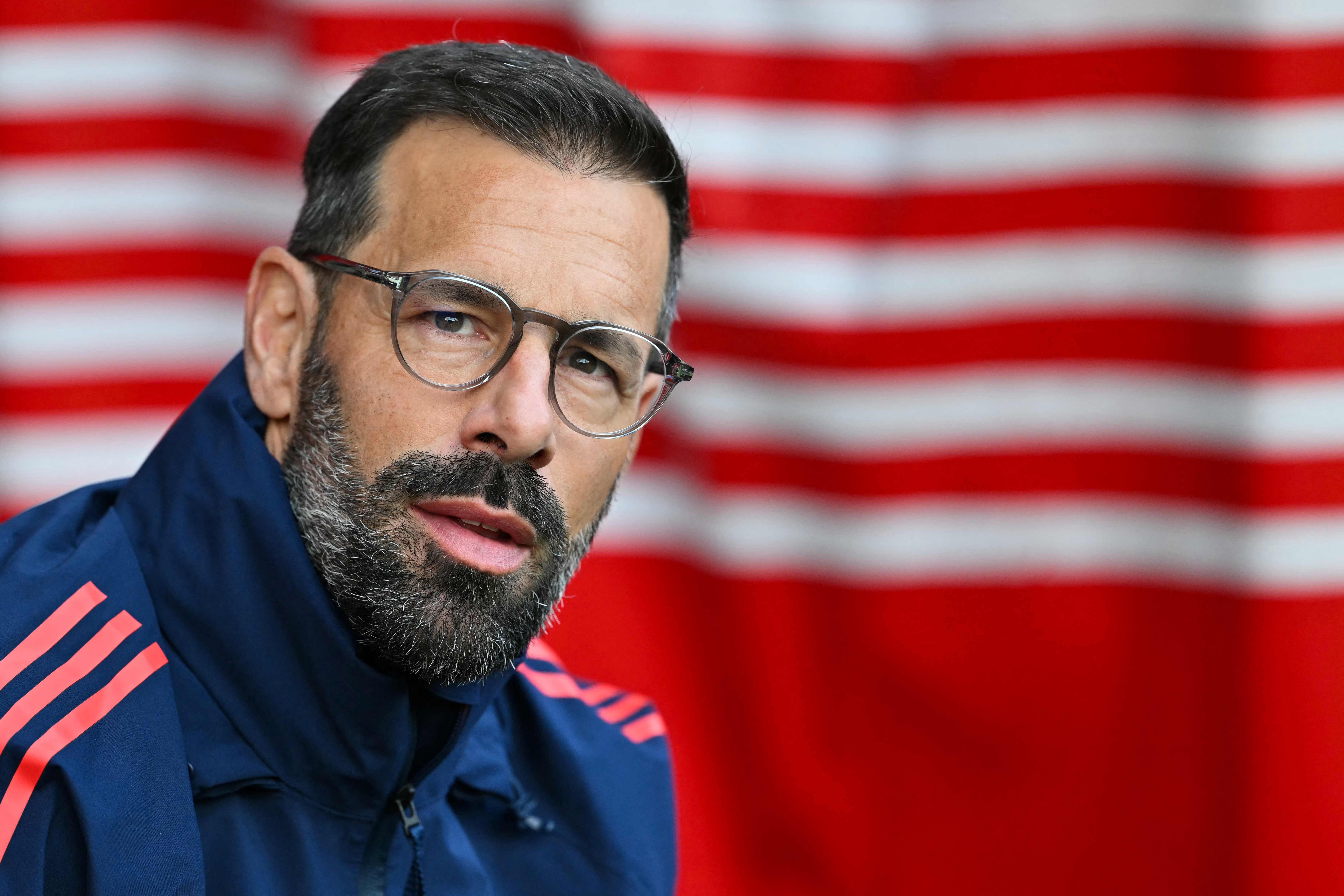 Manchester United's assistant coach Ruud van Nistelrooy  reacts during the English Premier League football match between Southampton and Manchester United at St Mary's Stadium in Southampton, southern England on September 14, 2024. Manchester United have sacked manager Erik ten Hag following the club's lacklustre start to the season, with a club statement saying: "Erik ten Hag has left his role as Manchester United men's first-team manager. Ruud van Nistelrooy will take charge of the team as interim head coach, supported by the current coaching team, whilst a permanent head coach is recruited." on October 28, 2024. United dropped to 14th in the table after suffering their fourth defeat in nine league games the previous day. (Photo by Glyn KIRK / AFP) / RESTRICTED TO EDITORIAL USE. No use with unauthorized audio, video, data, fixture lists, club/league logos or 'live' services. Online in-match use limited to 120 images. An additional 40 images may be used in extra time. No video emulation. Social media in-match use limited to 120 images. An additional 40 images may be used in extra time. No use in betting publications, games or single club/league/player publications. / 