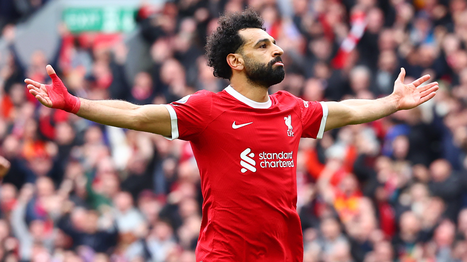 LIVERPOOL, ENGLAND - MARCH 31: Mohamed Salah of Liverpool celebrates scoring his side's second goal during the Premier League match between Liverpool FC and Brighton & Hove Albion at Anfield on March 31, 2024 in Liverpool, England. (Photo by Chris Brunskill/Fantasista/Getty Images)