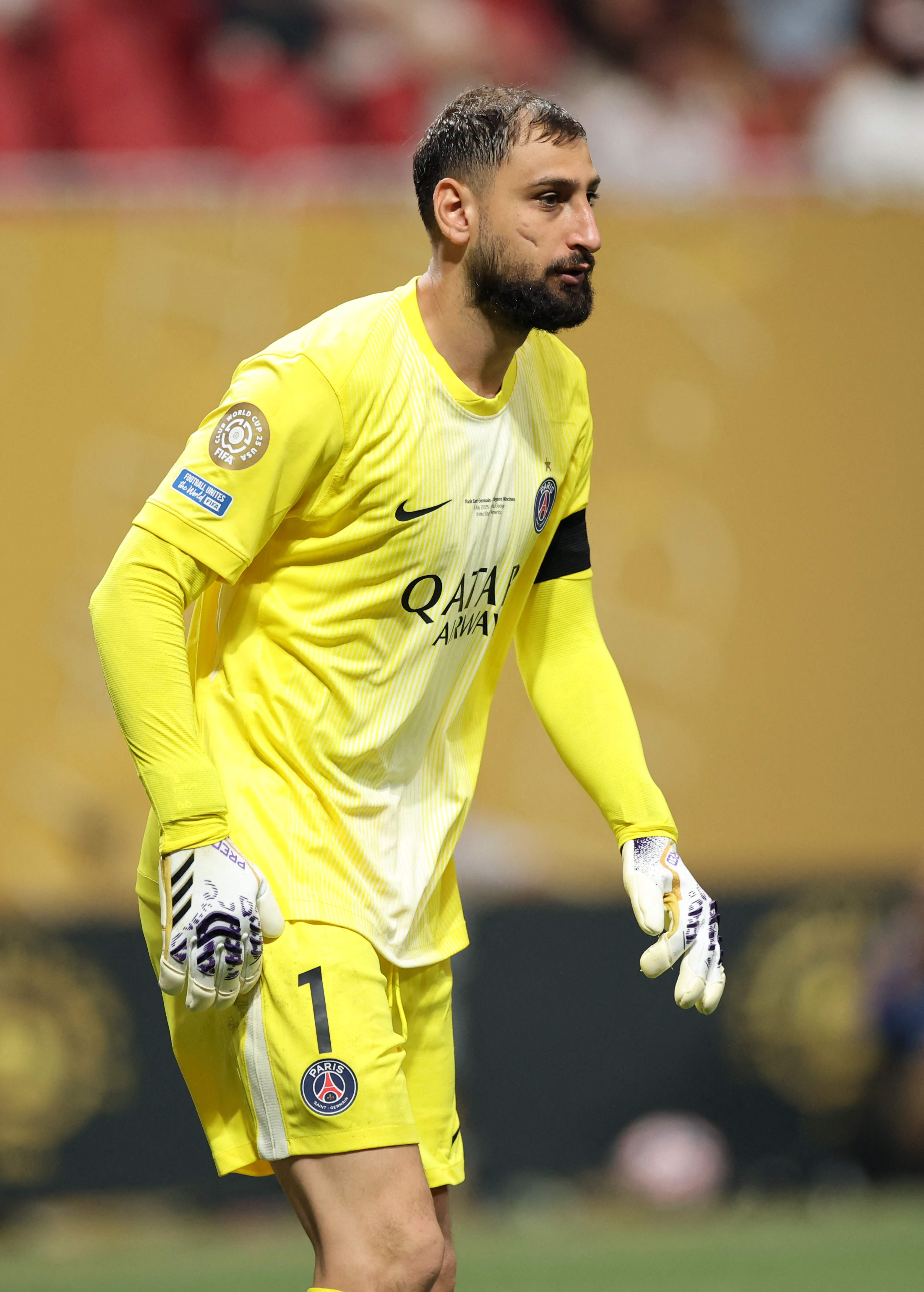 ATLANTA, GEORGIA - JULY 05: Gianluigi Donnarumma #1 of Paris Saint-Germain reacts during the FIFA Club World Cup 2025 quarter final match between Paris Saint-Germain and FC Bayern M�nchen at Mercedes-Benz Stadium on July 05, 2025 in Atlanta, Georgia.   Alex Grimm/Getty Images/AFP (Photo by ALEX GRIMM / GETTY IMAGES NORTH AMERICA / Getty Images via AFP)
