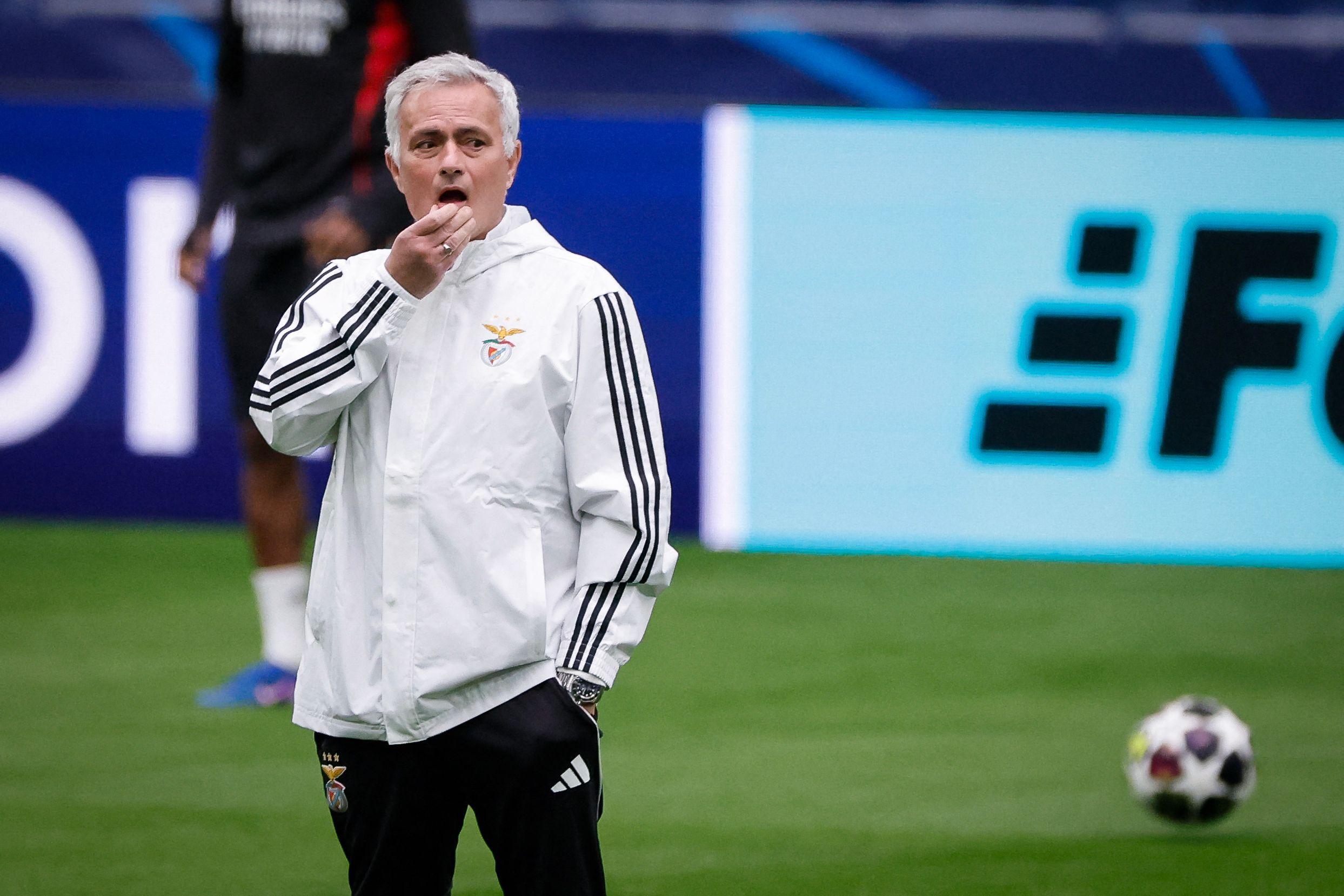 SL Benfica's Portuguese head coach Jose Mourinho gestures during a  training session on the eve of their UEFA Champions League knockout round play-off second leg football match against Real Madrid CF at Santiago Bernabeu Stadium in Madrid on February 24, 2026. (Photo by Oscar DEL POZO / AFP)