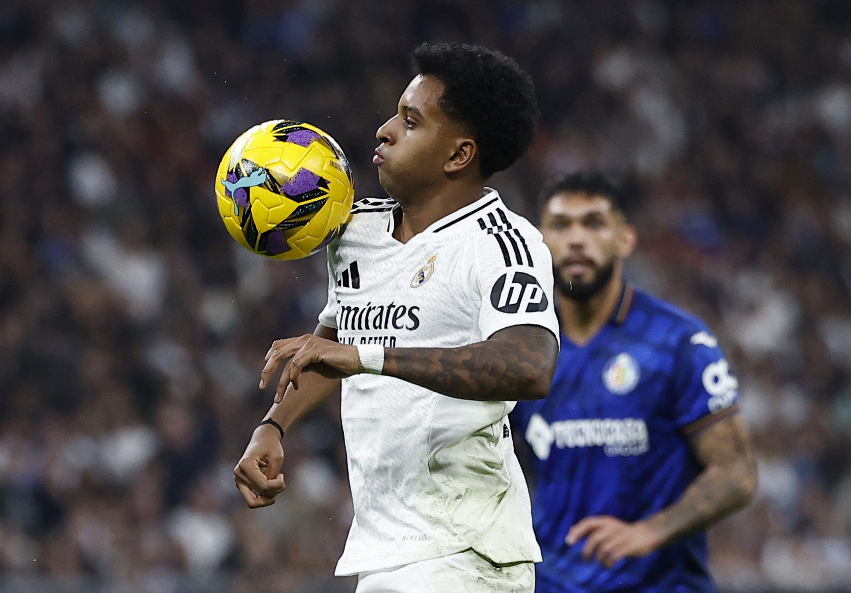 Soccer Football - LaLiga - Real Madrid v Getafe - Santiago Bernabeu, Madrid, Spain - December 1, 2024 Real Madrid's Rodrygo in action REUTERS/Juan Medina