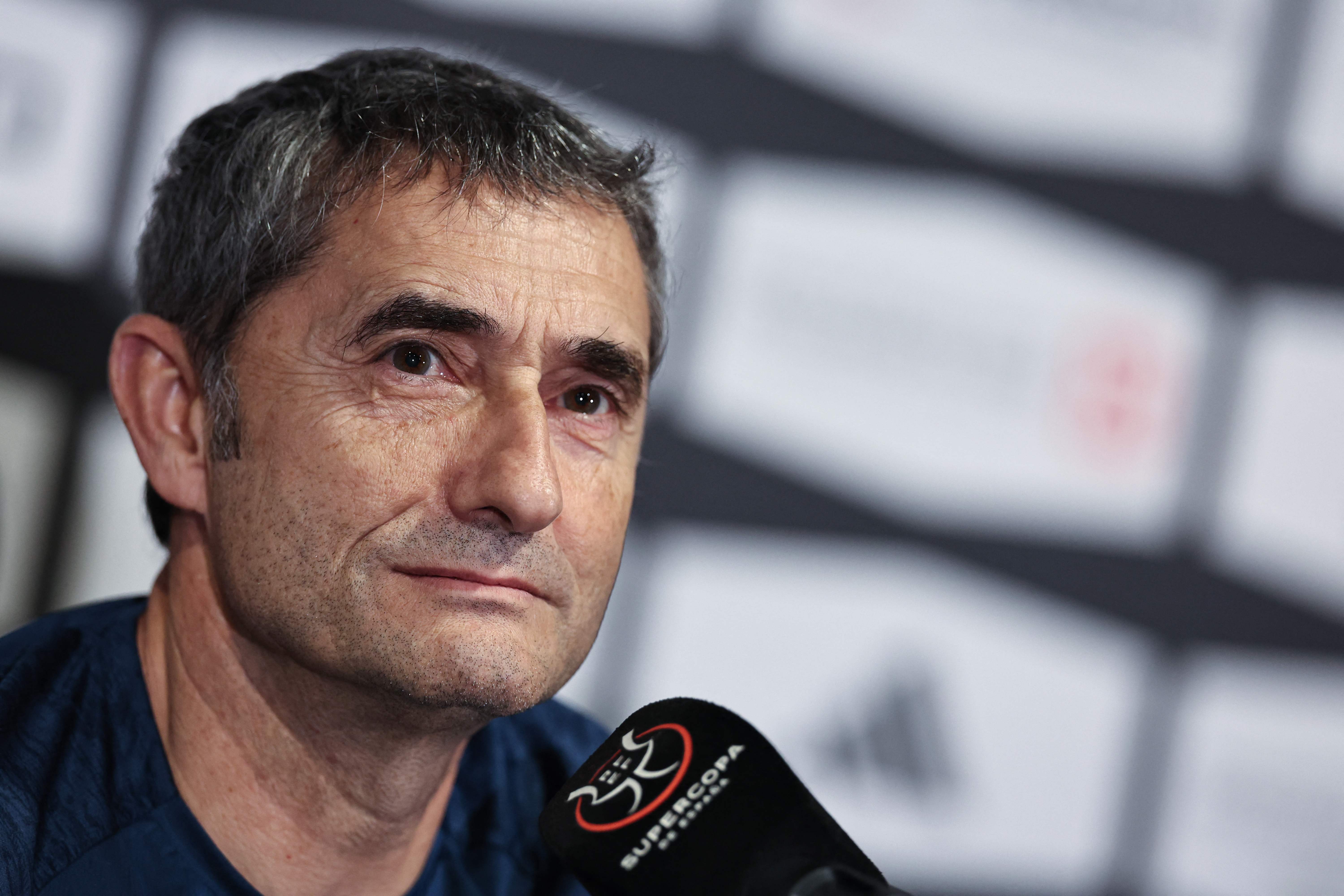 Athletic Bilbao's Spanish coach Ernesto Valverde attends a press conference ahead of the Spanish Supercup football match between FC Barcelona and Athletic Bilbao at King Abdullah Sports City�in Jeddah on January 6, 2026. (Photo by Fadel SENNA / AFP)