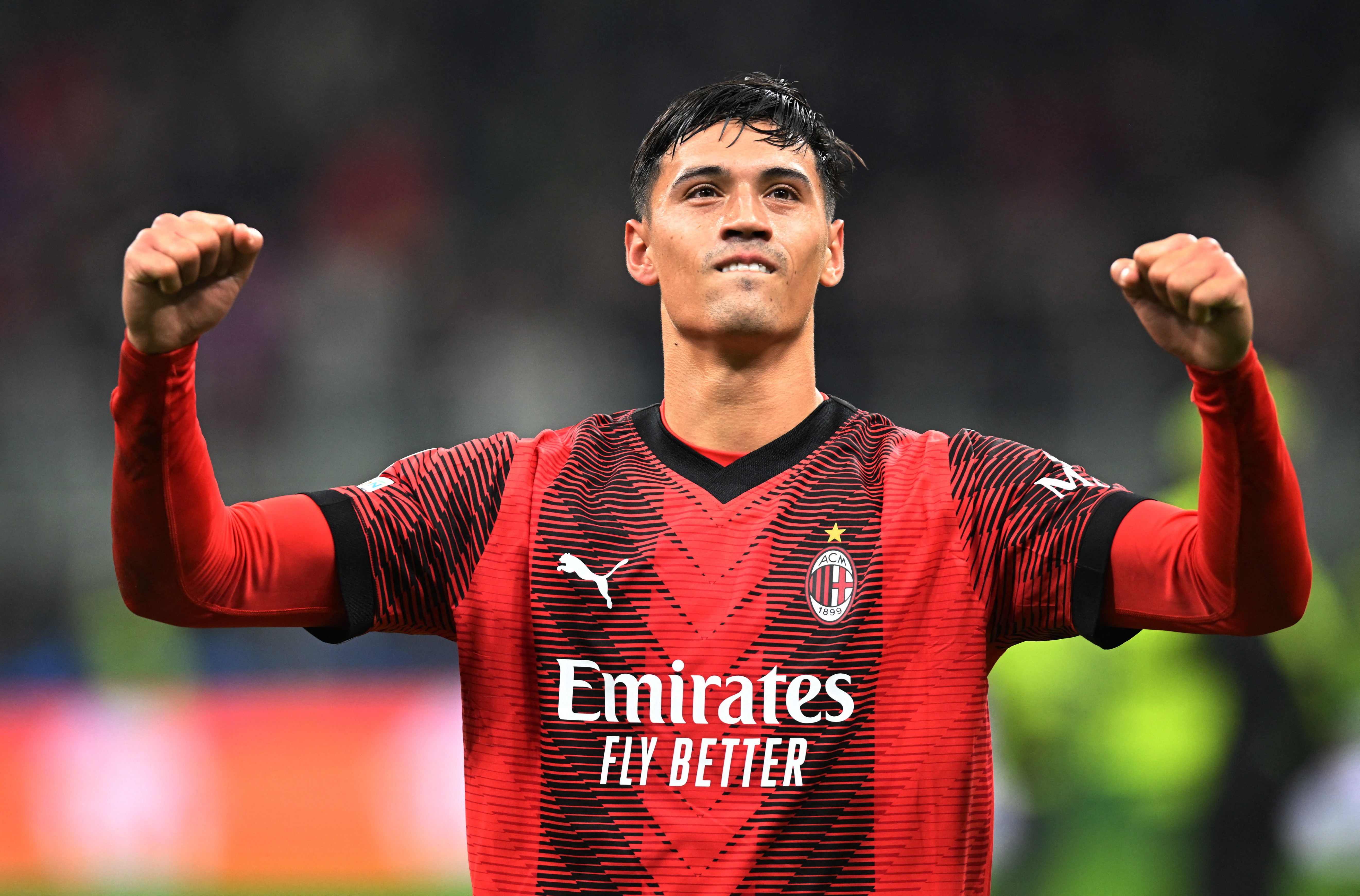 Soccer Football - Champions League - Group F - AC Milan v Paris St Germain - San Siro, Milan, Italy - November 7, 2023 AC Milan's Tijjani Reijnders celebrates after the match REUTERS/Daniele Mascolo