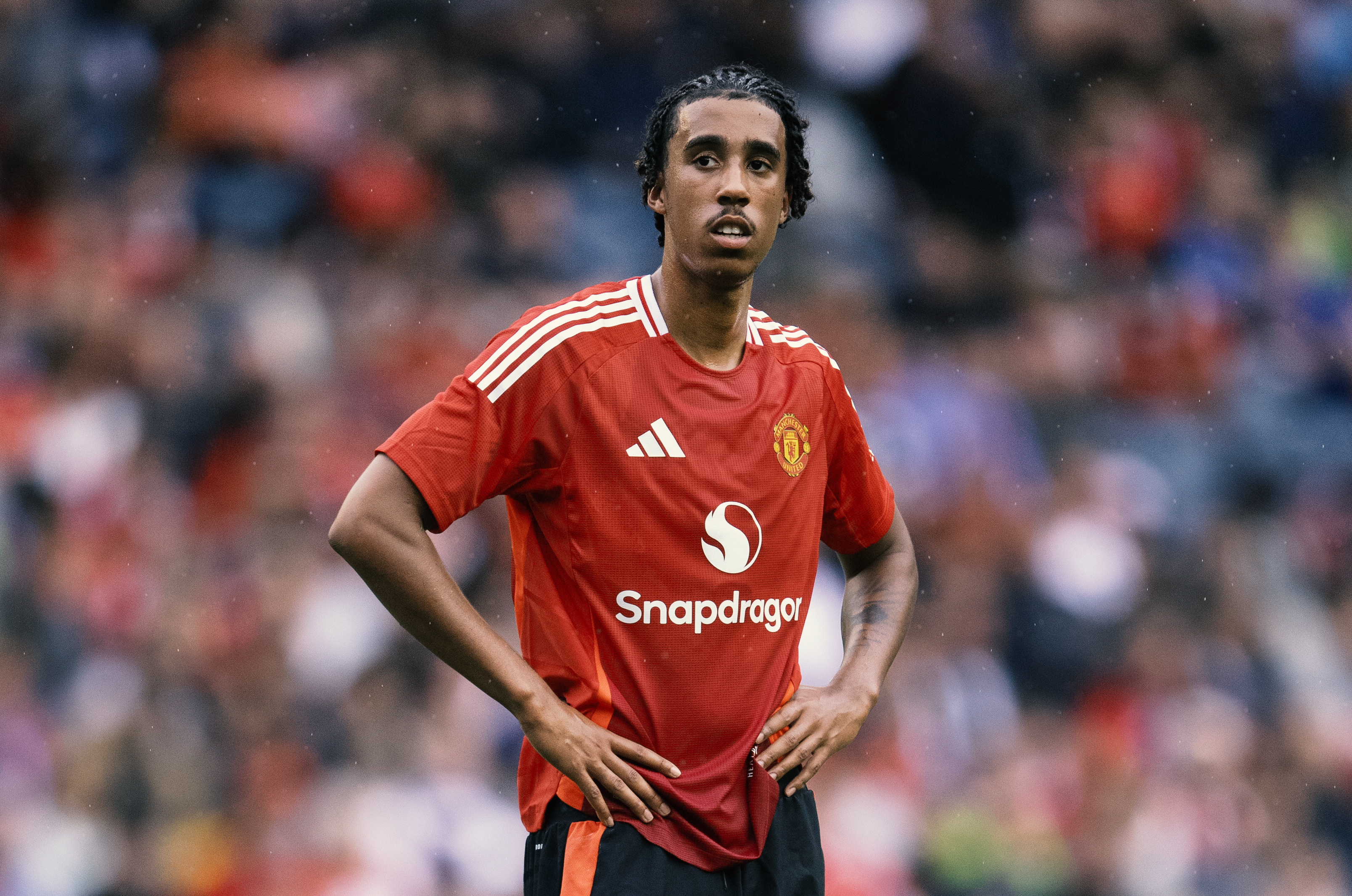 EDINBURGH, SCOTLAND - JULY 20: Leny Yoro of Manchester United looks on during the Pre-Season Friendly match between Manchester United and Rangers at BT Murrayfield Stadium on July 20, 2024 in Edinburgh, Scotland. (Photo by Joe Prior/Visionhaus via Getty Images)