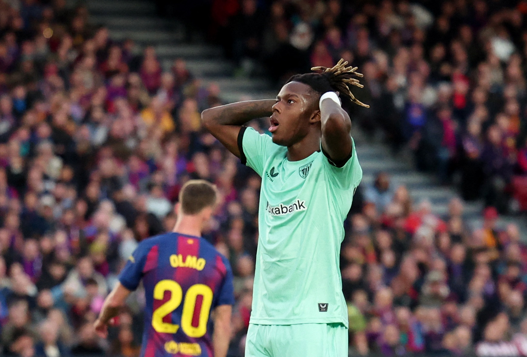 Soccer Football - LaLiga - FC Barcelona v Athletic Bilbao - Spotify Camp Nou, Barcelona, Spain - November 22, 2025 Athletic Bilbao's Nico Williams reacts after missing a chance to score REUTERS/Bruna Casas