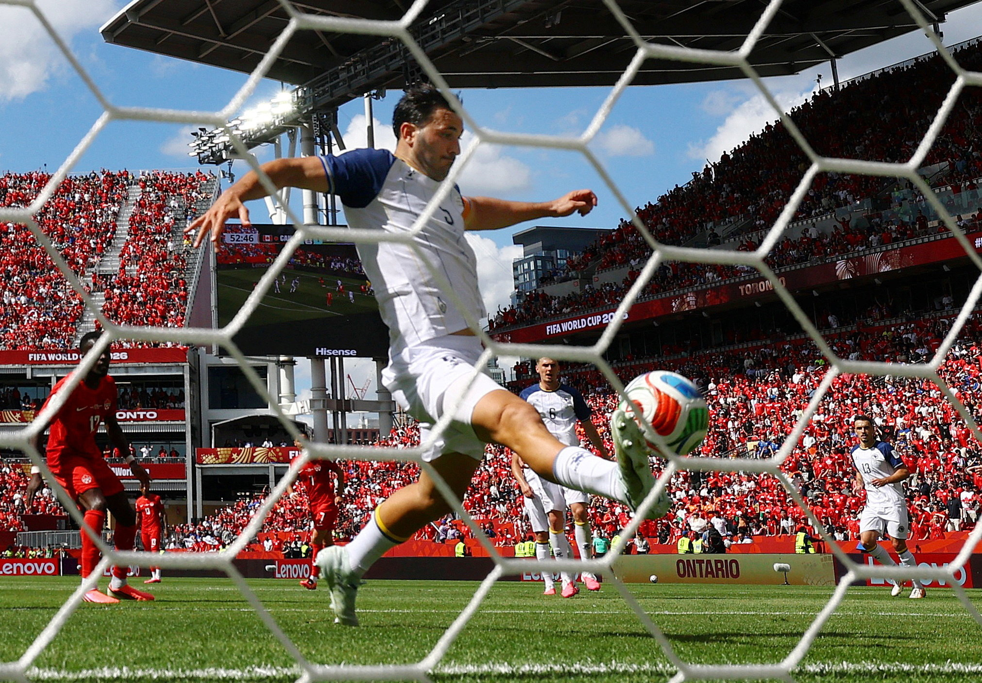 Soccer Football - FIFA World Cup 2026 - Group B - Canada v Bosnia and Herzegovina - Toronto Stadium, Toronto, Canada - June 12, 2026 Bosnia and Herzegovina's Sead Kolasinac deflects the ball onto the crossbar after a shot REUTERS/Claudia Greco     TPX IMAGES OF THE DAY