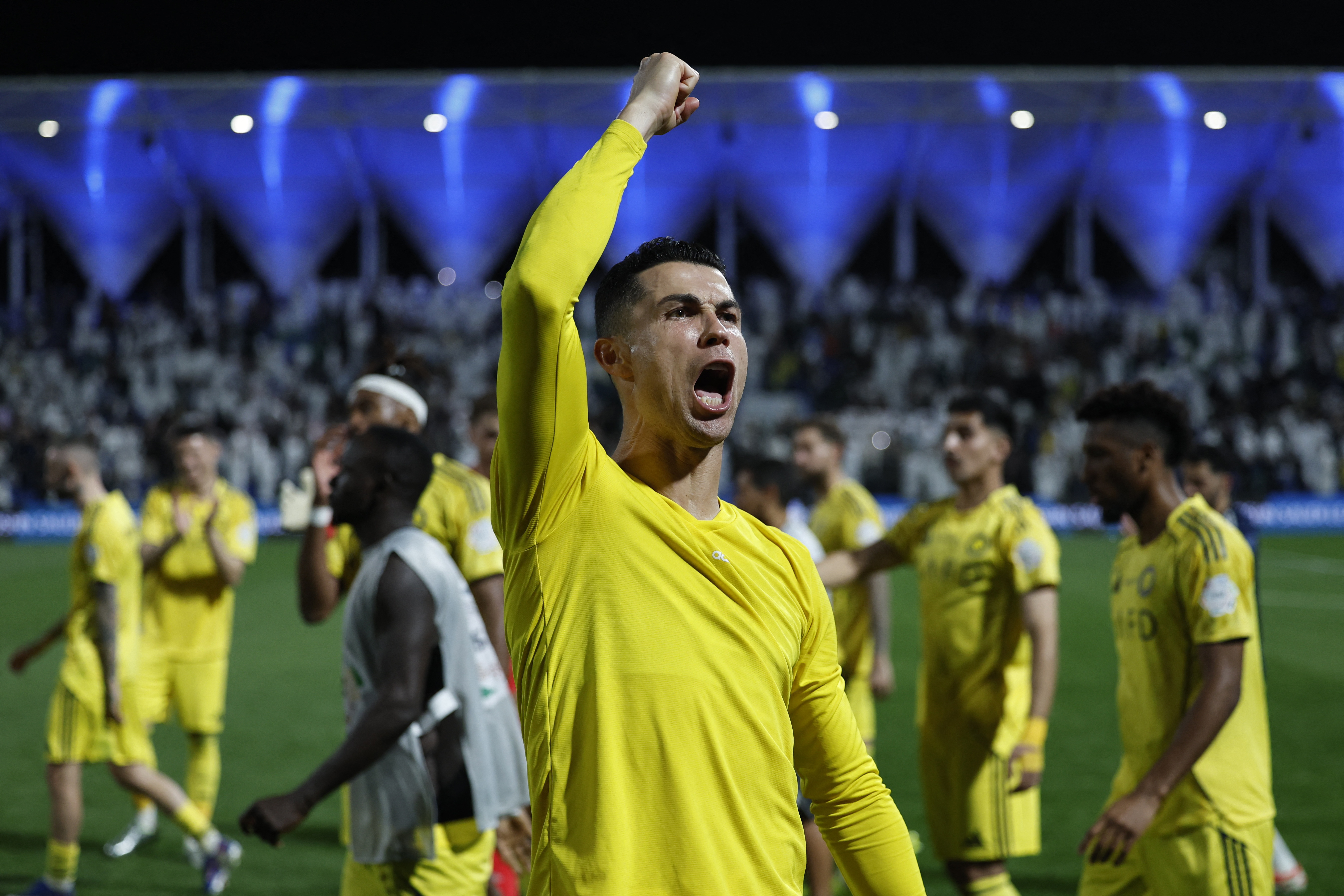 Soccer Football - Saudi Pro League - Al Fateh v Al Nassr - Prince Abdullah bin Jalawi Stadium, Hofuf, Saudi Arabia - February 14, 2026 Al Nassr's Cristiano Ronaldo celebrates after the match REUTERS/Hamad I Mohammed