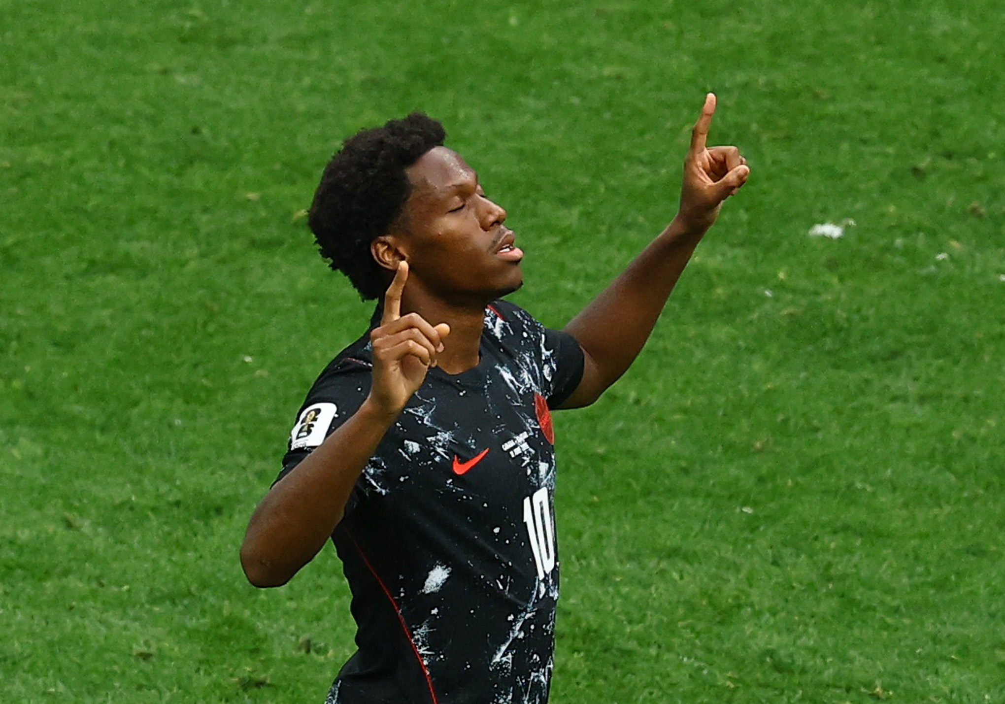 Soccer Football - FIFA World Cup 2026 - Group B - Canada v Qatar - BC Place, Vancouver, Canada - June 18, 2026 Canada's Jonathan David celebrates scoring their sixth goal REUTERS/Albert Gea