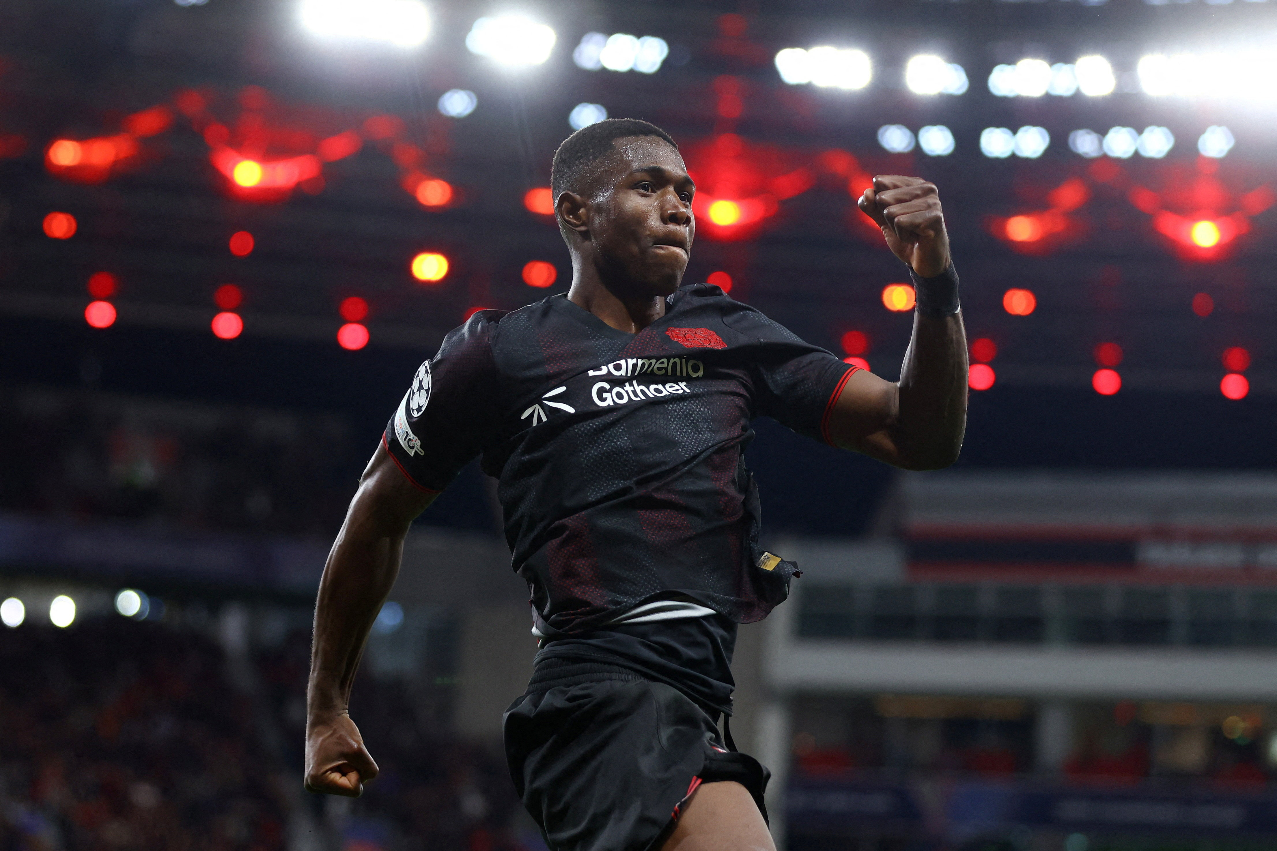 Soccer Football - UEFA Champions League - Bayer Leverkusen v PSV Eindhoven - BayArena, Leverkusen, Germany - October 1, 2025 Bayer Leverkusen's Christian Kofane celebrates scoring their first goal REUTERS/Thilo Schmuelgen     TPX IMAGES OF THE DAY
