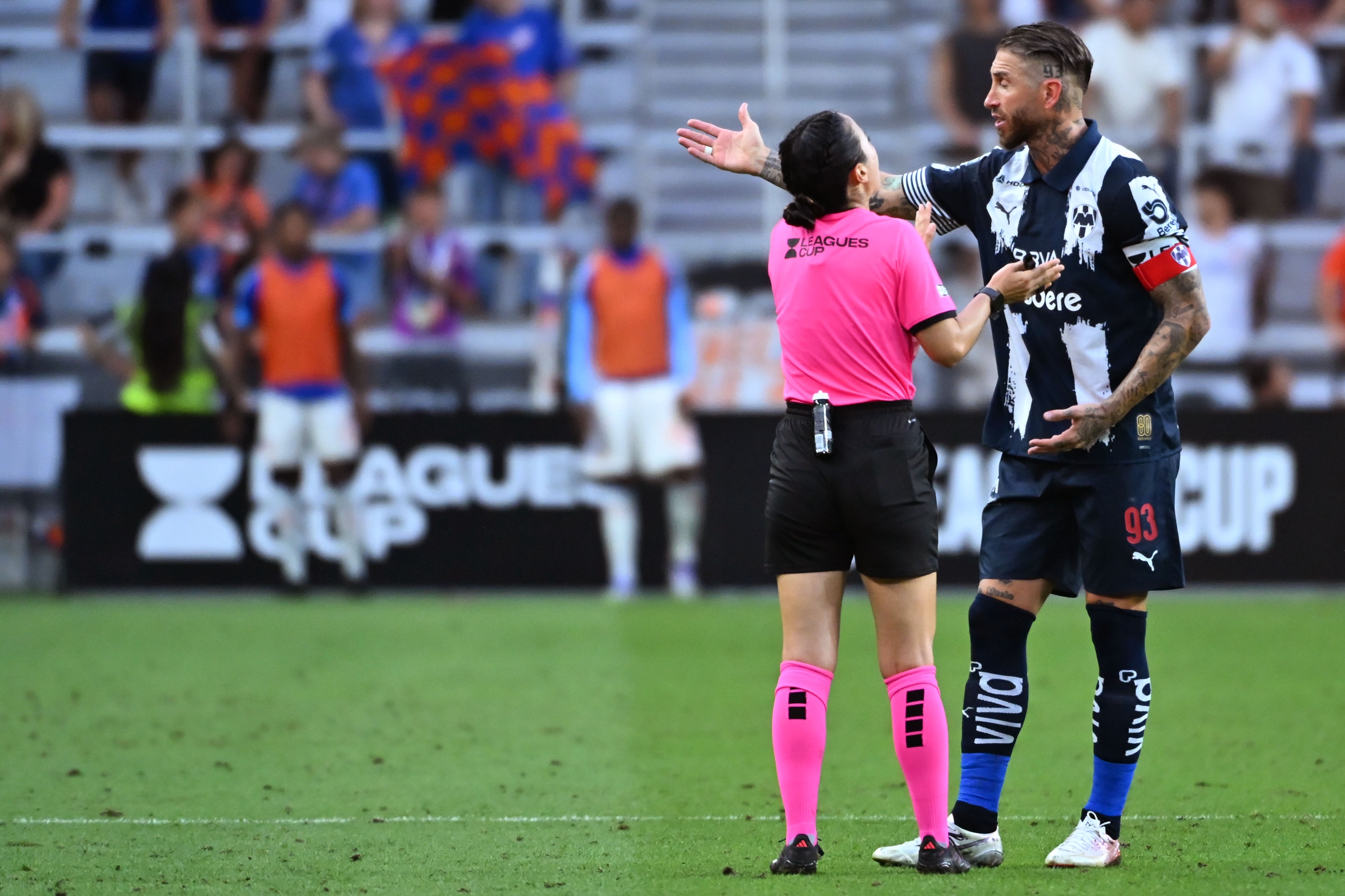 Referee Katia Itzel Garcia and Sergio Ramos of Monterrey during the match between Monterrey and FC Cincinnati as part of Phase One of the Leagues Cup 2025 at TQL Stadium on July 31, 2024 in Cincinnati, Ohio, United States.