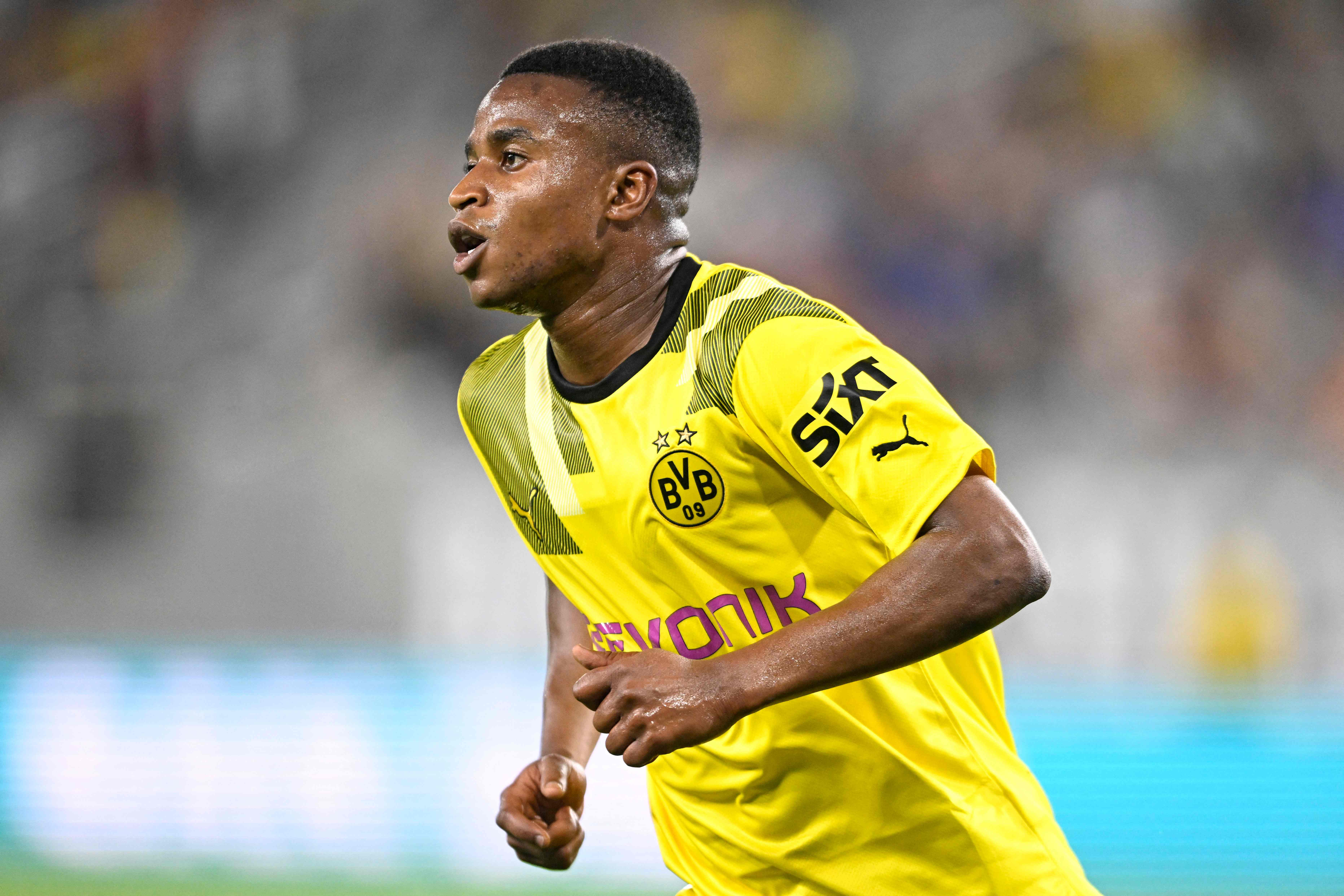 SAN DIEGO, CA - JULY 27: Youssoufa Moukoko #18 of Borussia Dortmund reacts after scoring during a friendly match against the San Diego Loyal July 27, 2023 at Snapdragon Stadium in San Diego, California.   Denis Poroy/Getty Images/AFP (Photo by DENIS POROY / GETTY IMAGES NORTH AMERICA / Getty Images via AFP)