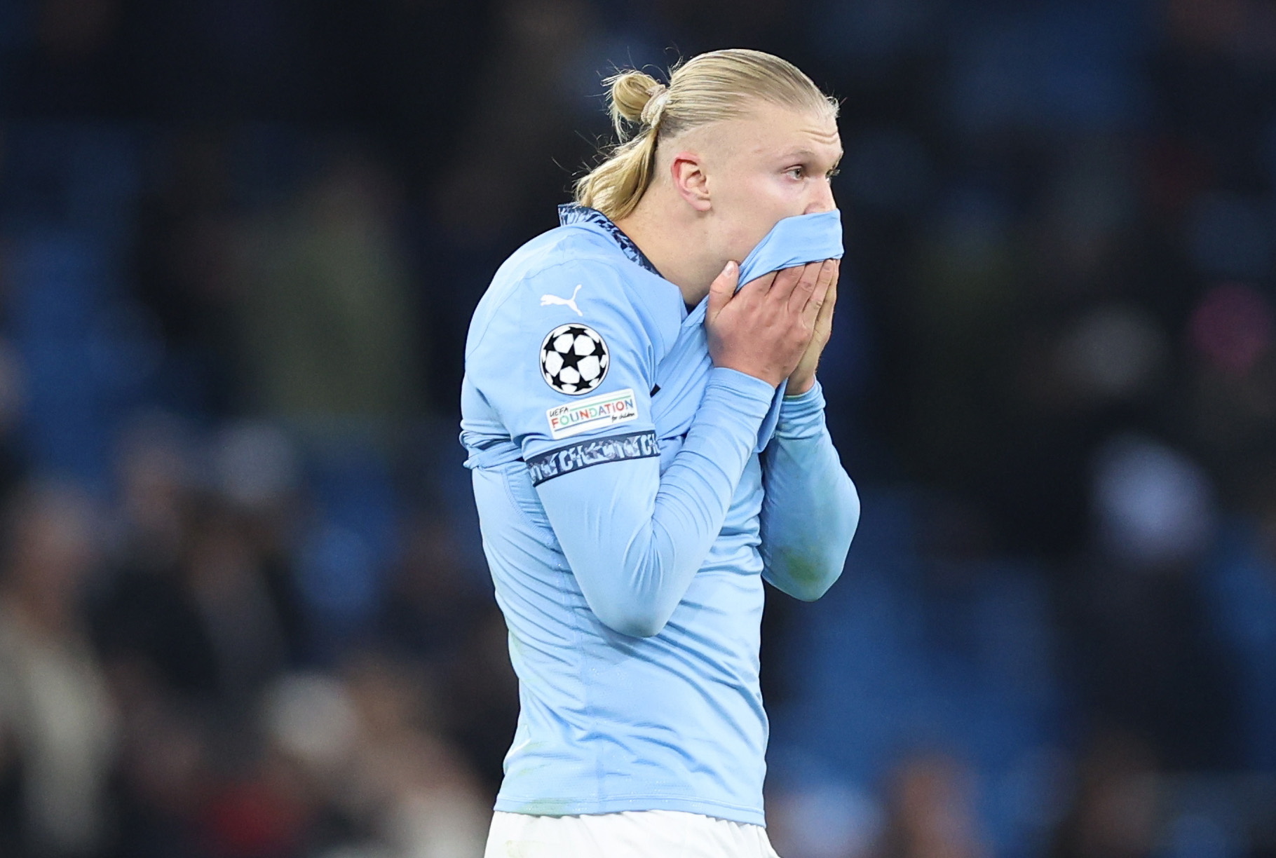 Manchester (United Kingdom), 26/11/2024.- Erling Haaland of Manchester City reacts after the UEFA Champions League match between Manchester City and Feyenoord in Manchester, Britain, 26 November 2024. (Liga de Campeones, Reino Unido) EFE/EPA/ADAM VAUGHAN
