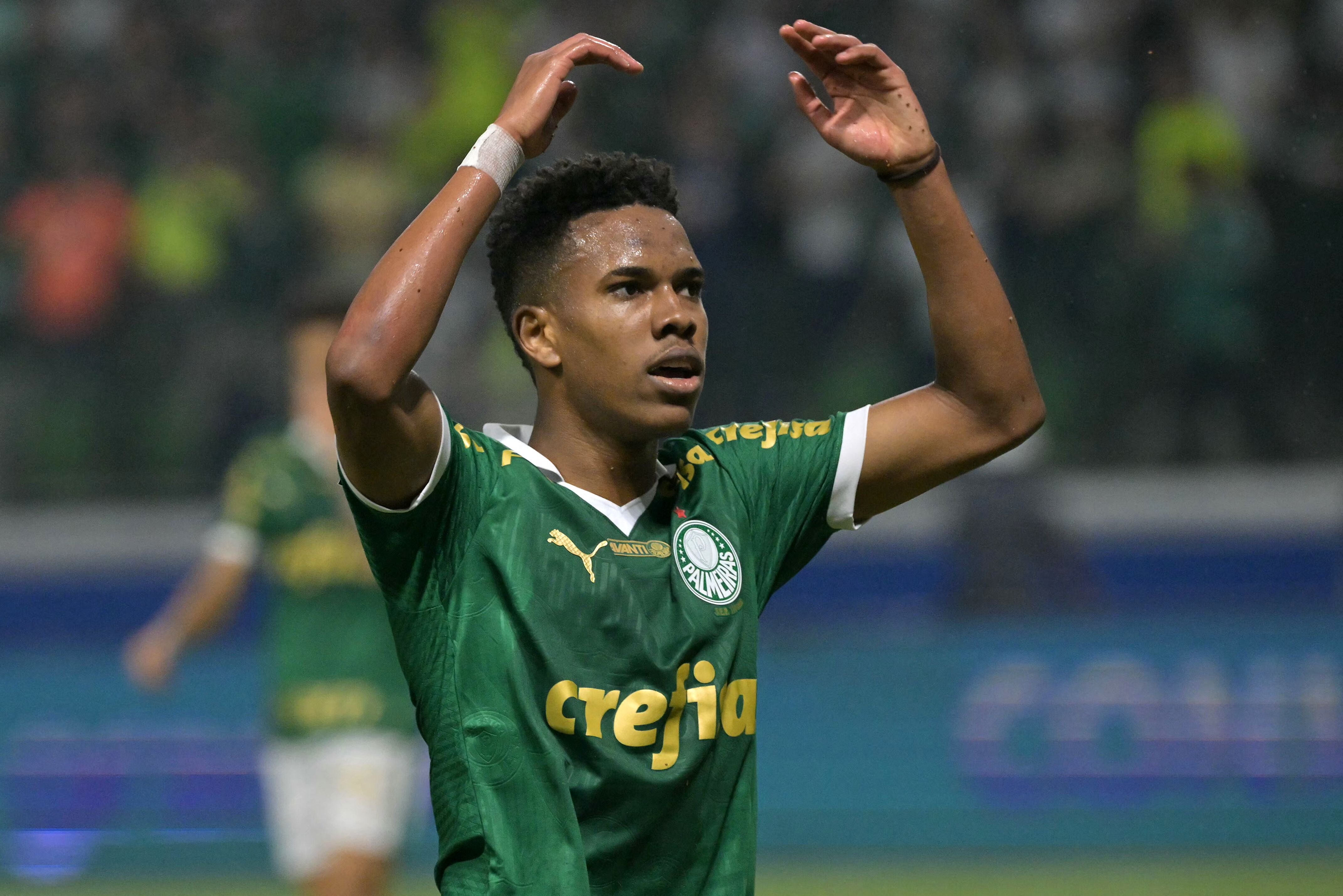 Palmeiras' forward Estevao Willian reacts during the Copa Libertadores round of 16 second leg all-Brazilian football match between Palmeiras and Botafogo at the Allianz Parque stadium in Sao Paulo, Brazil, on August 21, 2024. (Photo by NELSON ALMEIDA / AFP)