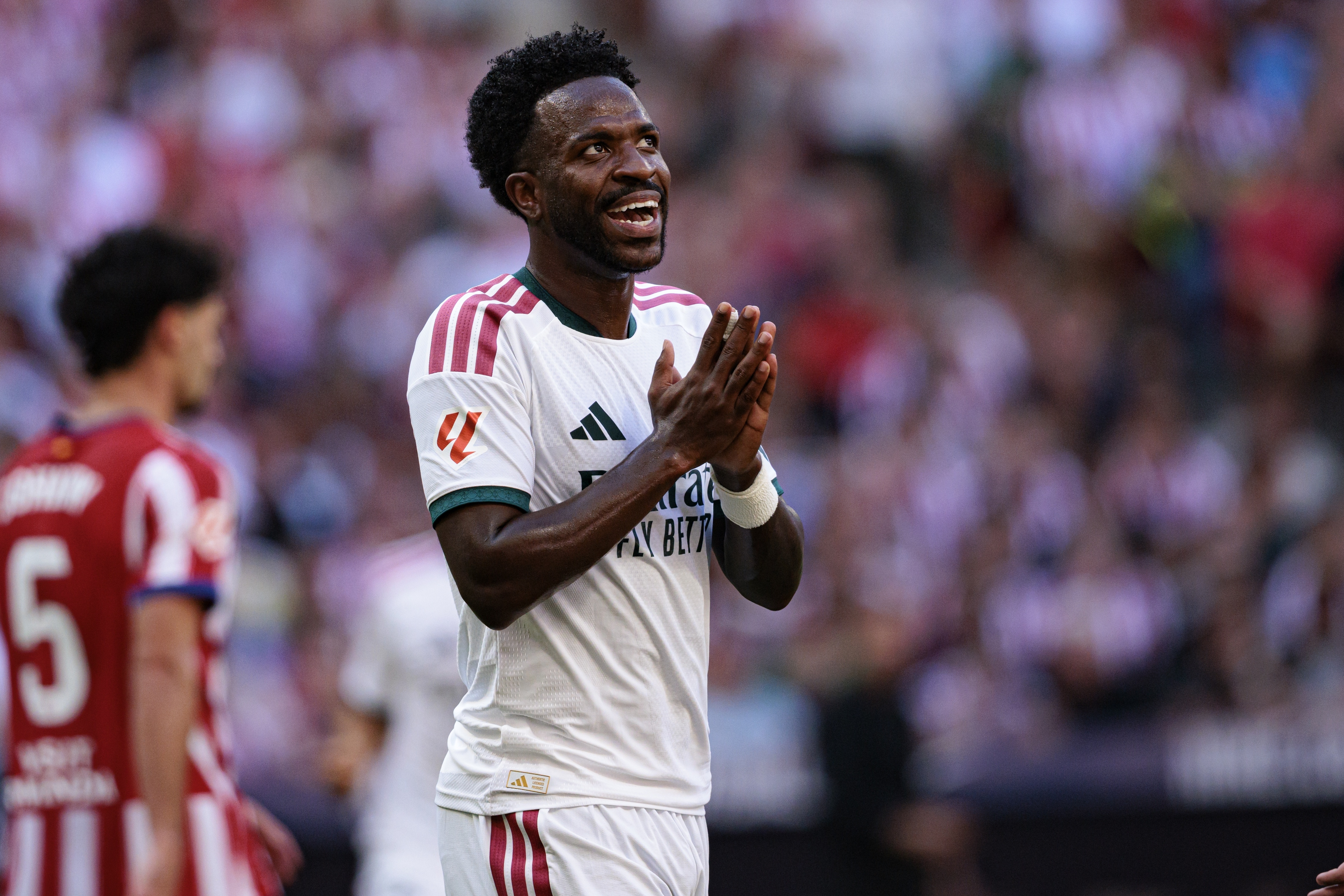 MADRID, SPAIN - 2026/09/20: Vinicius Junior (Real Madrid CF) seen in action during LaLiga EA SPORTS 2026/2027 game between teams of Atletico de Madrid and Real Madrid CF. Final Score: Atletico de Madrid 2-1 Real Madrid CF. (Photo by Maciej Rogowski/SOPA Images/LightRocket via Getty Images)
