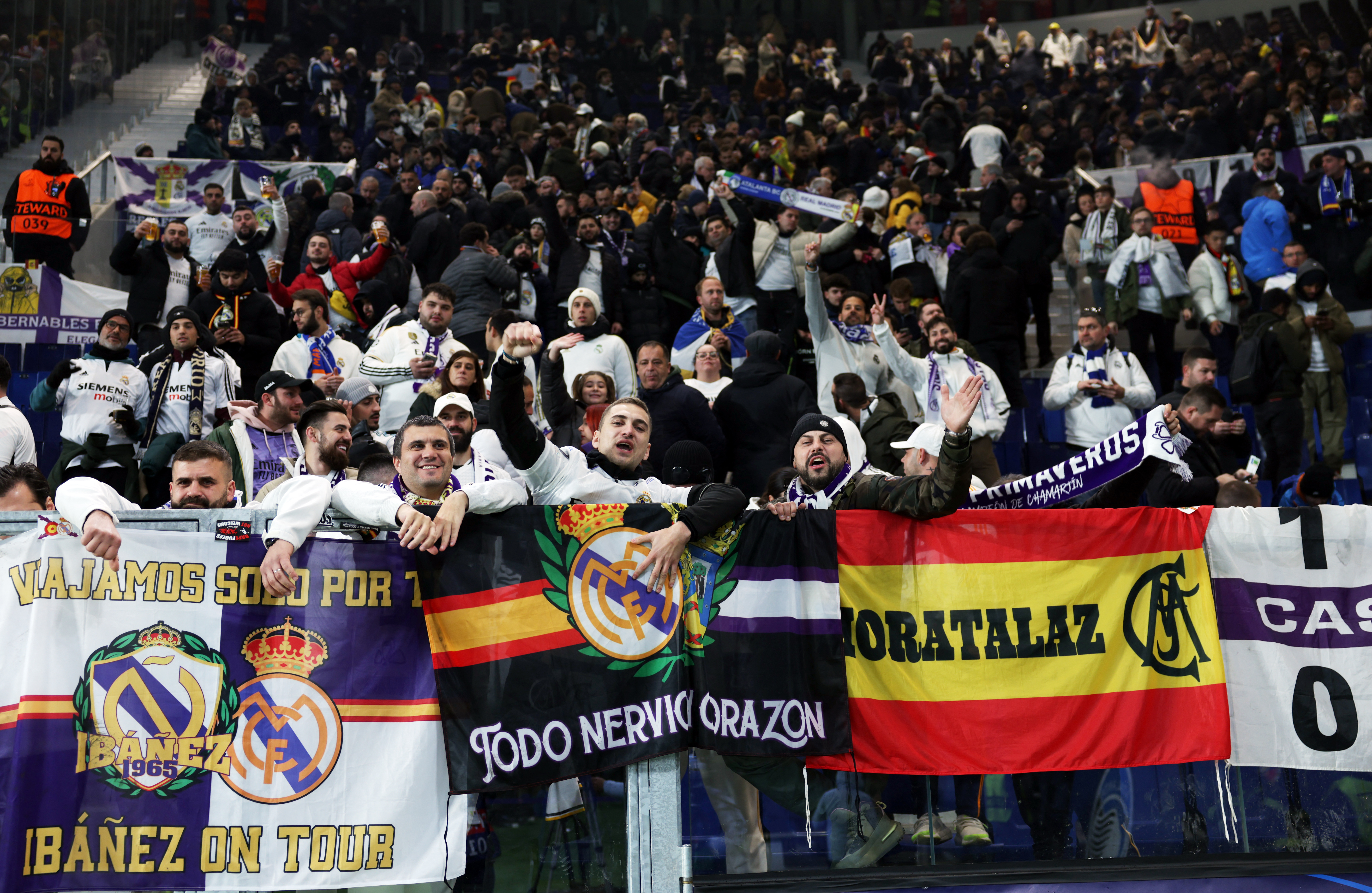 Soccer Football - Champions League - Atalanta v Real Madrid - Gewiss Stadium, Bergamo, Italy - December 10, 2024 Real Madrid fans react in the stands before the match REUTERS/Claudia Greco