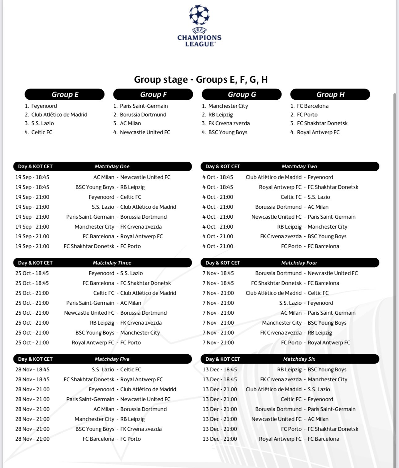 2021-22 UEFA Champions League Table: UCL Groups Standings and