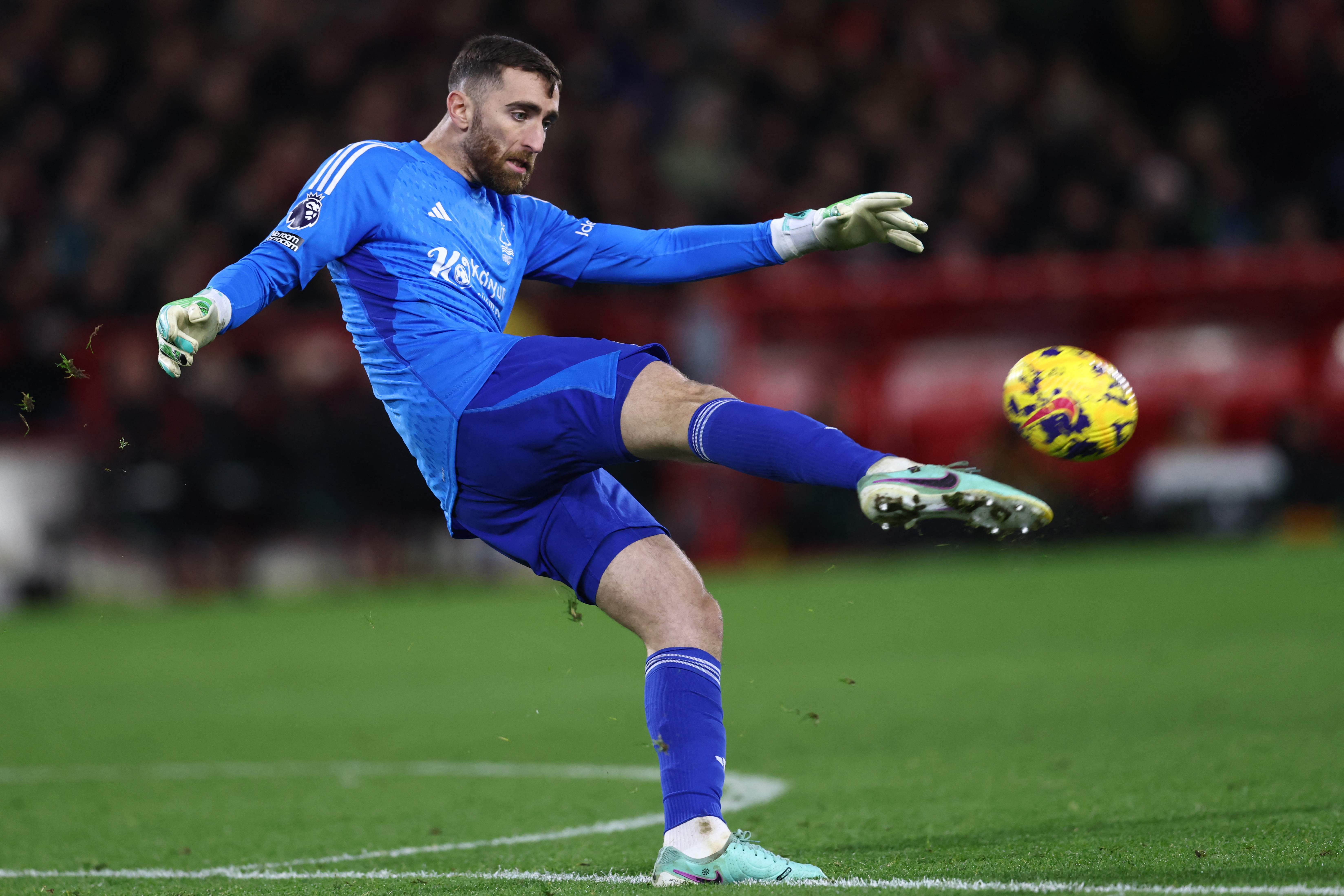 Nottingham Forest's US goalkeeper #01 Matt Turner kicks the ball out during the English Premier League football match between Nottingham Forest and Manchester United at The City Ground in Nottingham, central England, on December 30, 2023. (Photo by Darren Staples / AFP) / RESTRICTED TO EDITORIAL USE. No use with unauthorized audio, video, data, fixture lists, club/league logos or 'live' services. Online in-match use limited to 120 images. An additional 40 images may be used in extra time. No video emulation. Social media in-match use limited to 120 images. An additional 40 images may be used in extra time. No use in betting publications, games or single club/league/player publications. /