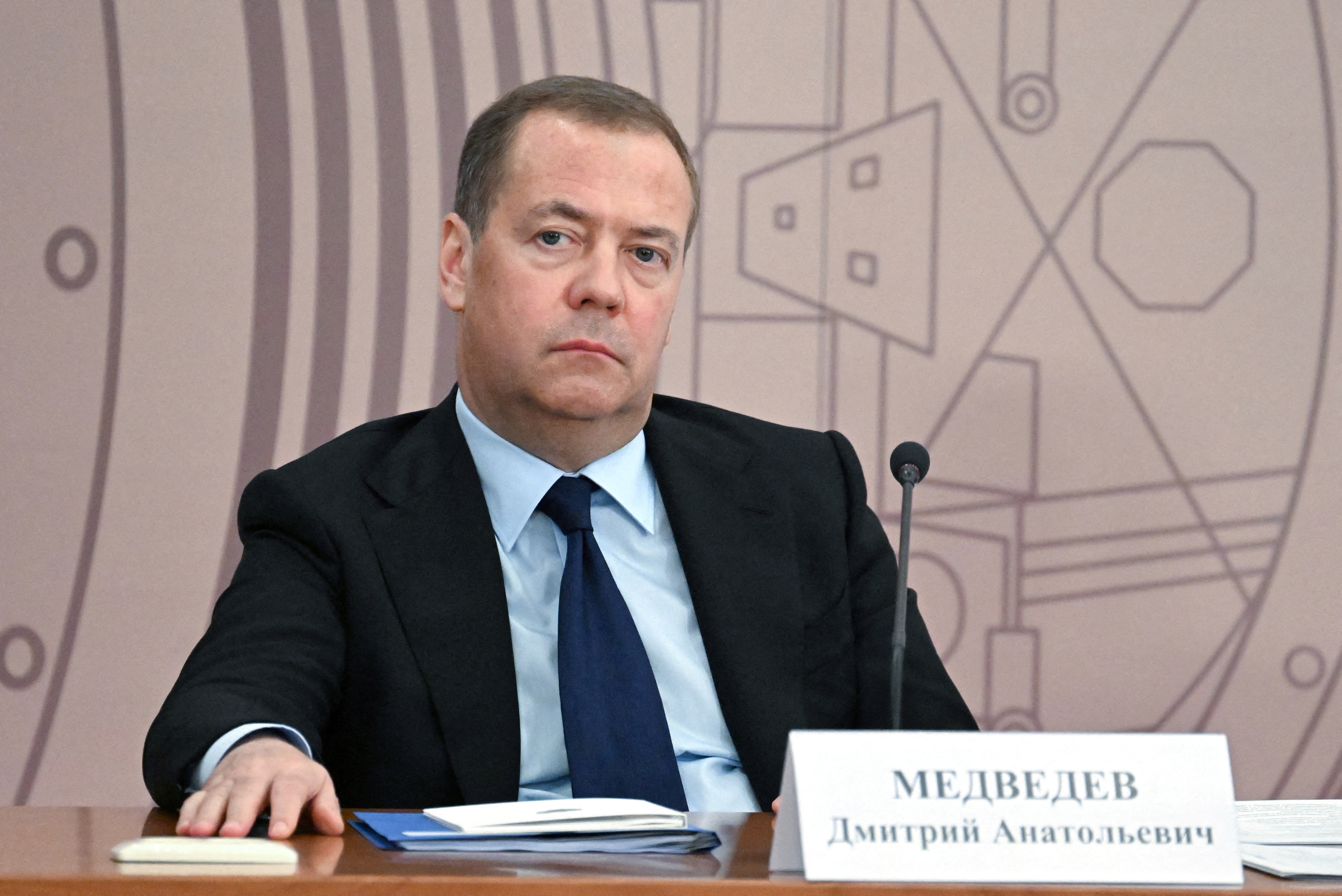 FILE PHOTO: Russia's Security Council's Deputy Chairman Dmitry Medvedev attends a meeting of the Council for Science and Education at the Joint Institute for Nuclear Research in the Moscow region's city of Dubna, Russia June 13, 2024. Sputnik/Alexei Maishev/Pool via REUTERS ATTENTION EDITORS - THIS IMAGE WAS PROVIDED BY A THIRD PARTY./File Photo