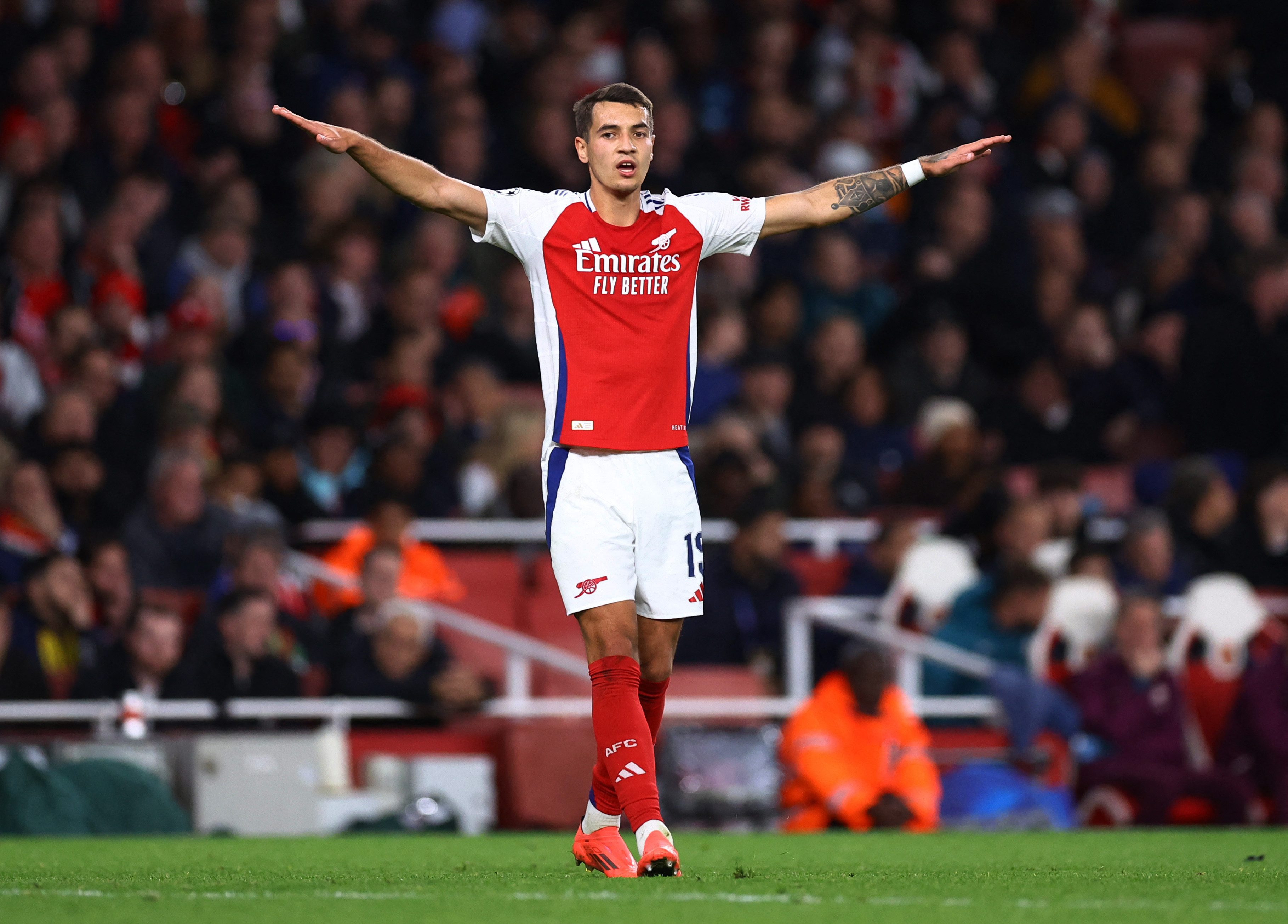 Soccer Football - Champions League - Arsenal v Paris St Germain - Emirates Stadium, London, Britain - October 1, 2024 Arsenal's Jakub Kiwior reacts REUTERS/Hannah Mckay
