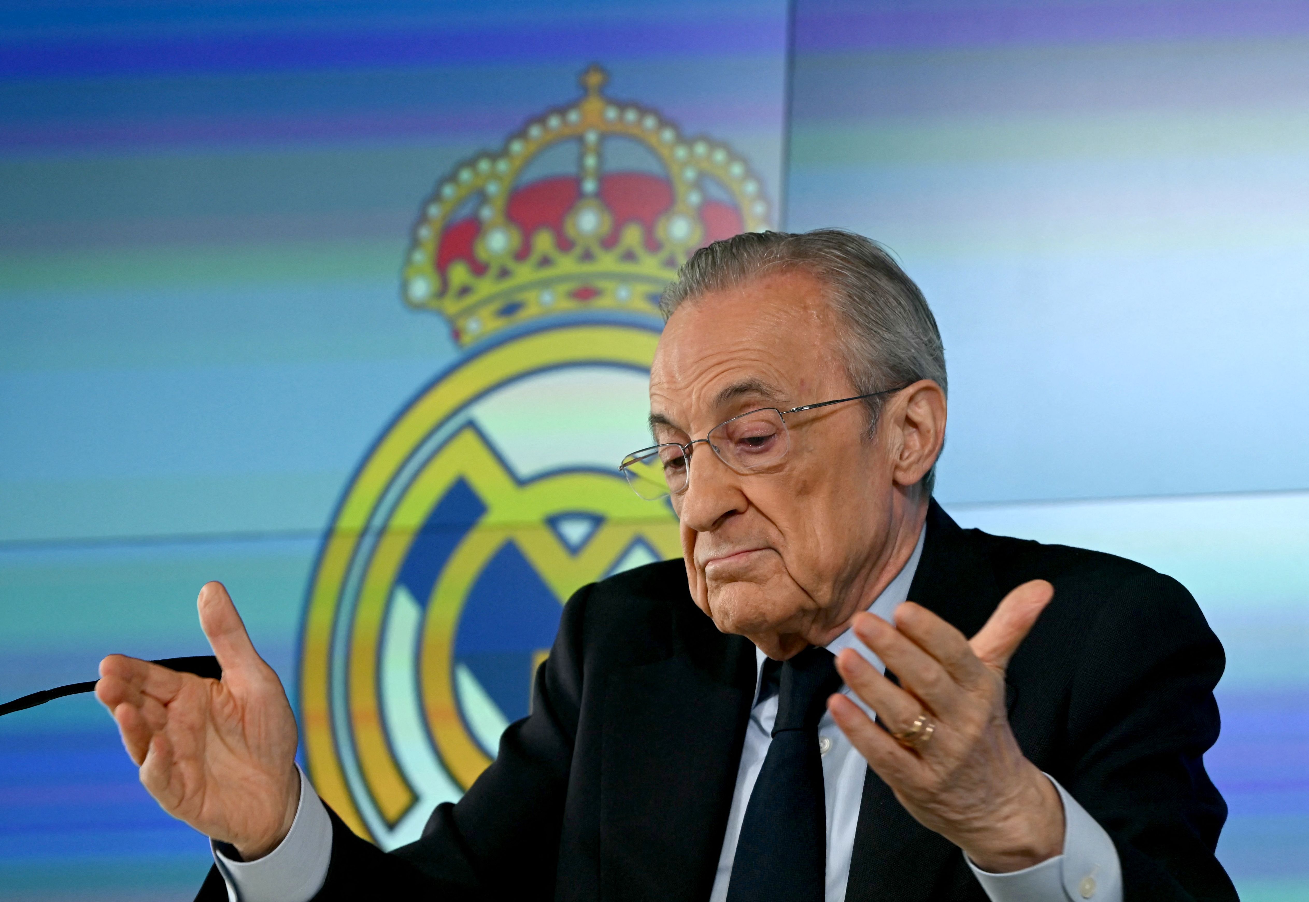 Real Madrid President Florentino Perez talks to media at Real Madrid Sports City in Valdebebas, in the outskirts of Madrid, on May 12, 2026. Real Madrid president Florentino Perez calls club elections, will stand again, AFP reports on May 12, 2026. (Photo by JAVIER SORIANO / AFP)