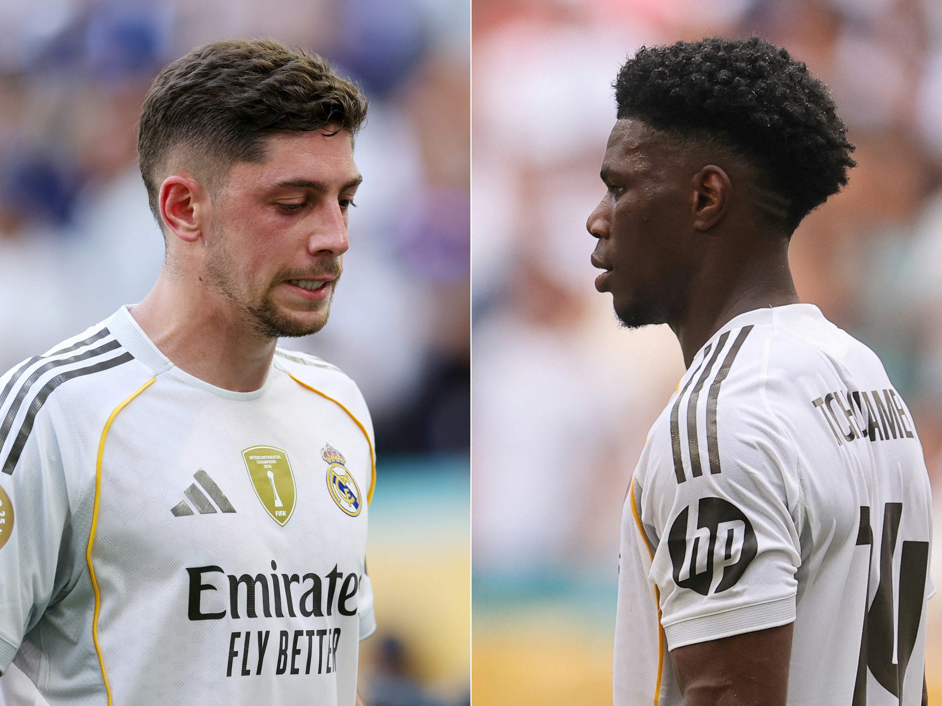(COMBO)(FILES) This combination of file pictures created on May 8, 2026 shows Real Madrid's Federico Valverde following the FIFA Club World Cup 2025 football match between Real Madrid CF and Al Hilal at Hard Rock Stadium on June 18, 2025 in Miami Gardens, Florida and Real Madrid's Aurelien Tchouameni (R) following the FIFA Club World Cup 2025 football match between Real Madrid CF and Juventus FC at Hard Rock Stadium on July 1, 2025 in Miami Gardens, Florida. Real Madrid announced on May 5, 2026 they had fined Aurelien Tchouameni and Federico Valverde 500,000 euros ($588,000) each after a training ground clash that left the latter needing hospital treatment. (Photo by Dan Mullan and Michael Reaves / GETTY IMAGES NORTH AMERICA / AFP)