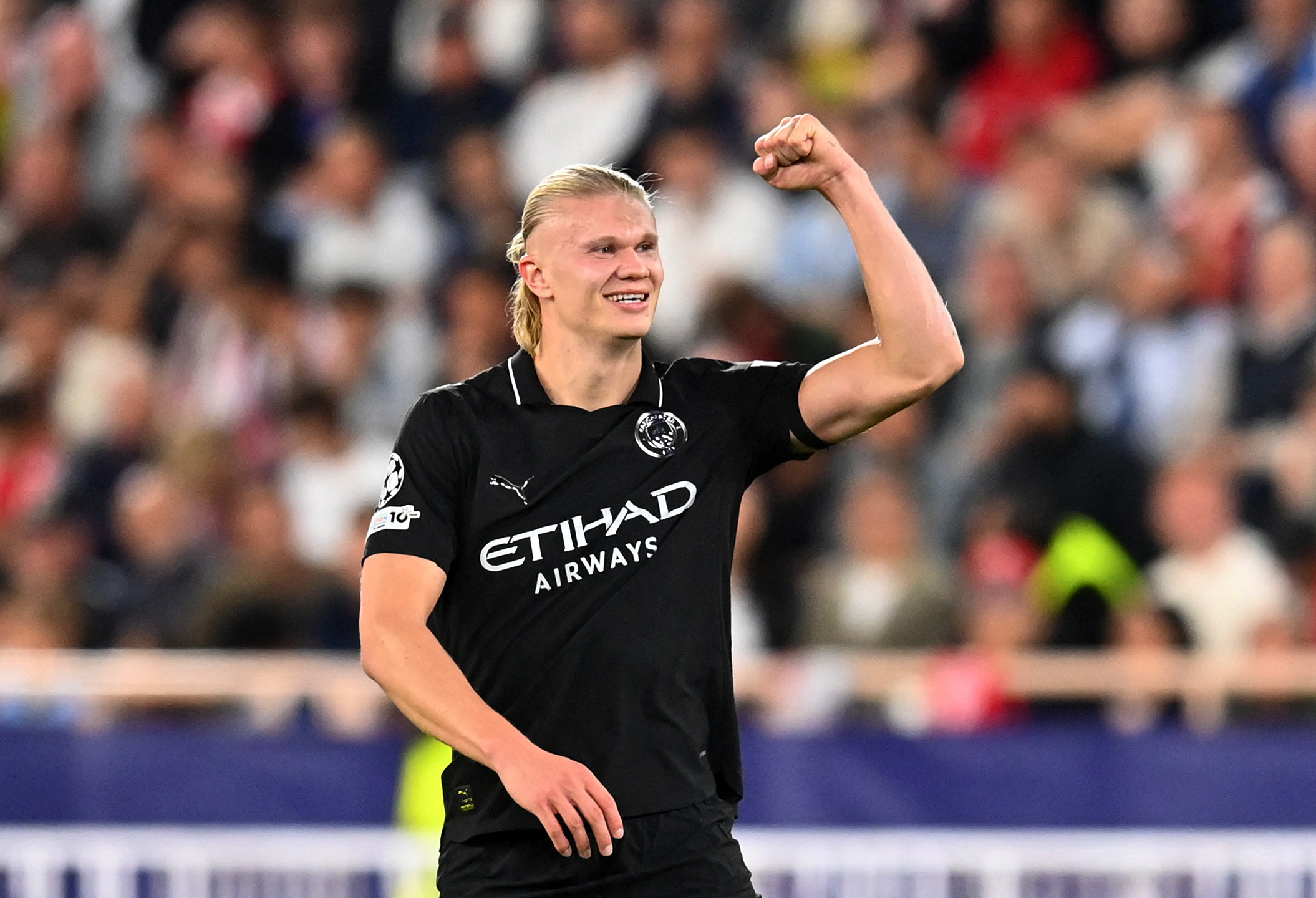 Soccer Football - UEFA Champions League - AS Monaco v Manchester City - Stade Louis II, Monaco - October 1, 2025 Manchester City's Erling Haaland celebrates scoring their second goal REUTERS/Alexandre Dimou