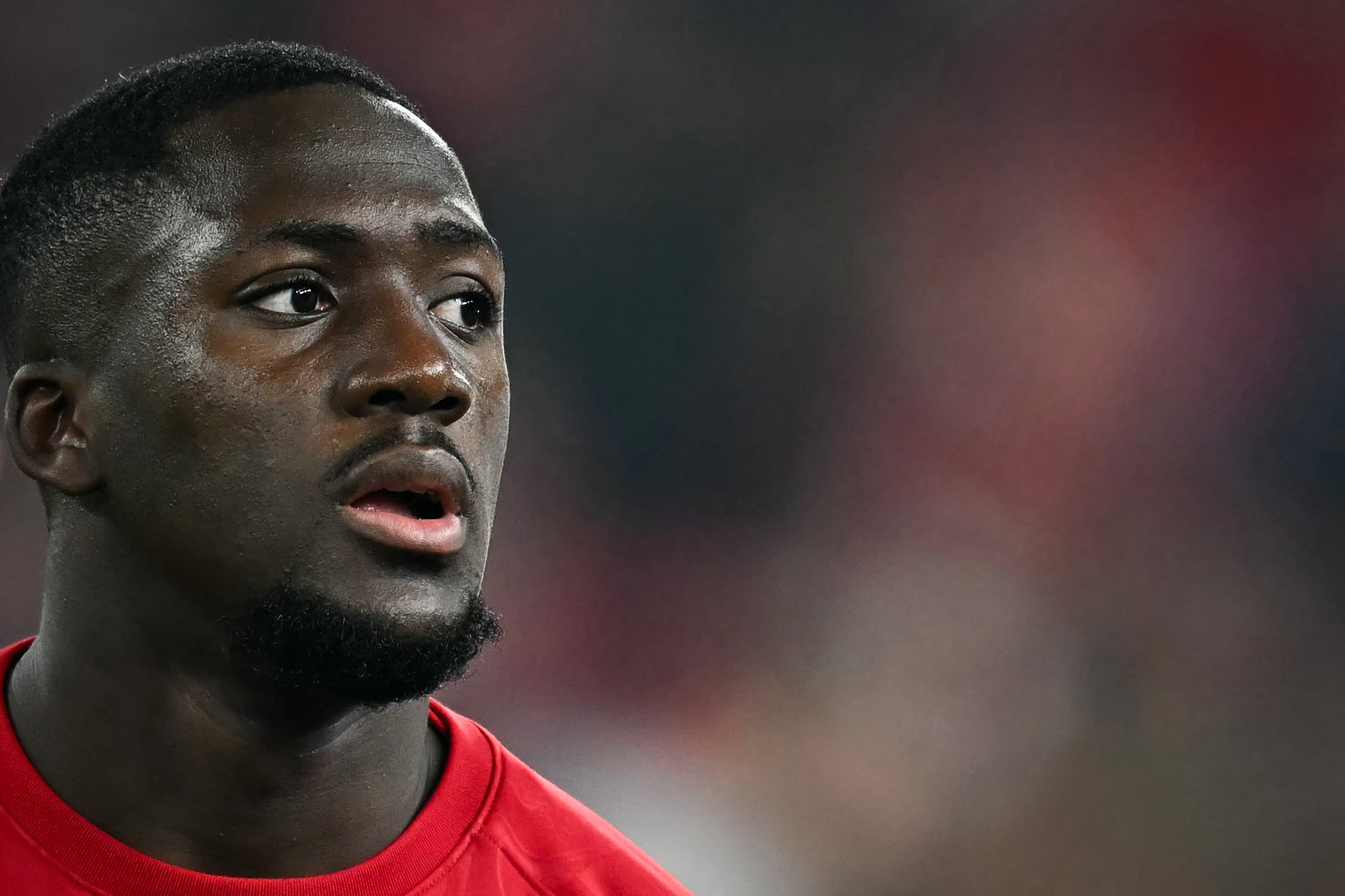 Liverpool's French defender #05 Ibrahima Konate reacts prior to the UEFA Champions League football match between Liverpool and Bayer Leverkusen at Anfield stadium, in Liverpool, north west England, on November 5, 2024. (Photo by Paul ELLIS / AFP)