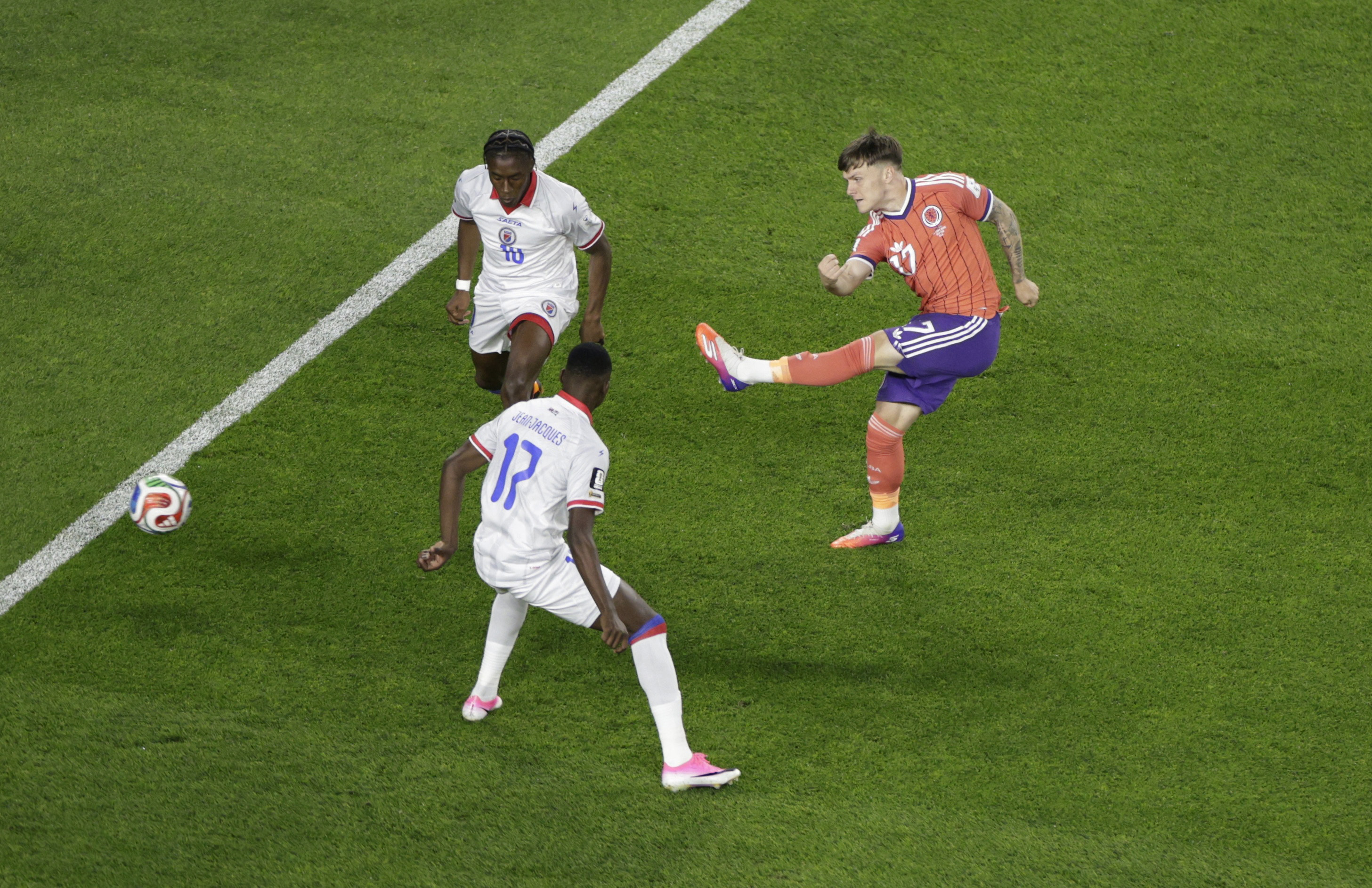 Soccer Football - FIFA World Cup 2026 - Group C - Haiti v Scotland - Boston Stadium, Foxborough, Massachusetts, U.S. - June 13, 2026 Scotland's Ben Gannon-Doak shoots at goal REUTERS/Pilar Olivares