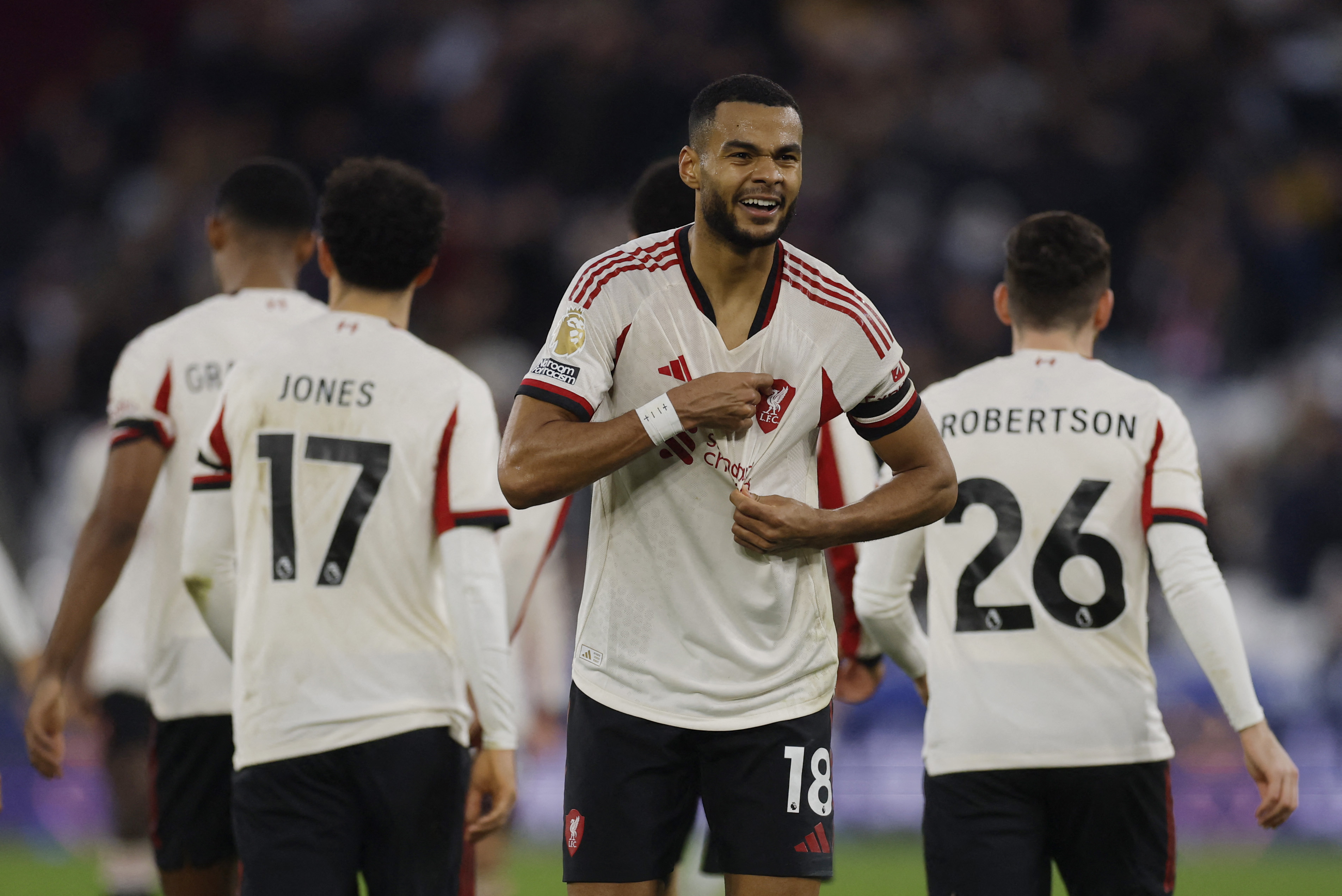 Soccer Football - Premier League - West Ham United v Liverpool - London Stadium, London, Britain - November 30, 2025 Liverpool's Cody Gakpo celebrates scoring their second goal Action Images via Reuters/Andrew Couldridge EDITORIAL USE ONLY. NO USE WITH UNAUTHORIZED AUDIO, VIDEO, DATA, FIXTURE LISTS, CLUB/LEAGUE LOGOS OR 'LIVE' SERVICES. ONLINE IN-MATCH USE LIMITED TO 120 IMAGES, NO VIDEO EMULATION. NO USE IN BETTING, GAMES OR SINGLE CLUB/LEAGUE/PLAYER PUBLICATIONS. PLEASE CONTACT YOUR ACCOUNT REPRESENTATIVE FOR FURTHER DETAILS..