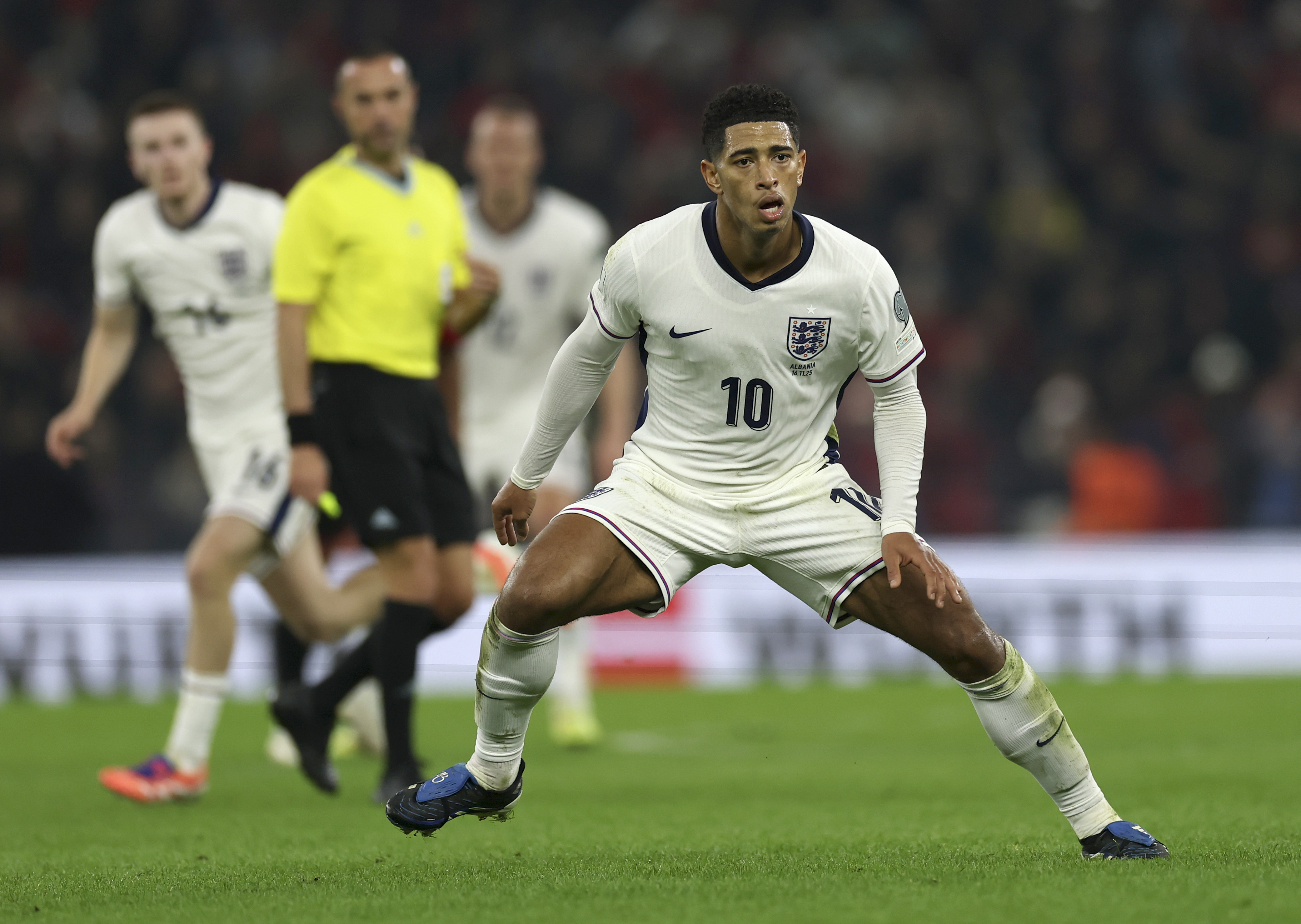 TIRANA, ALBANIA - NOVEMBER 16: Jude Bellingham of England in action during the FIFA World Cup 2026 qualifier match between Albania and England at Air Albania Stadium on November 16, 2025 in Tirana, Albania. (Photo by Eddie Keogh - The FA/The FA via Getty Images)