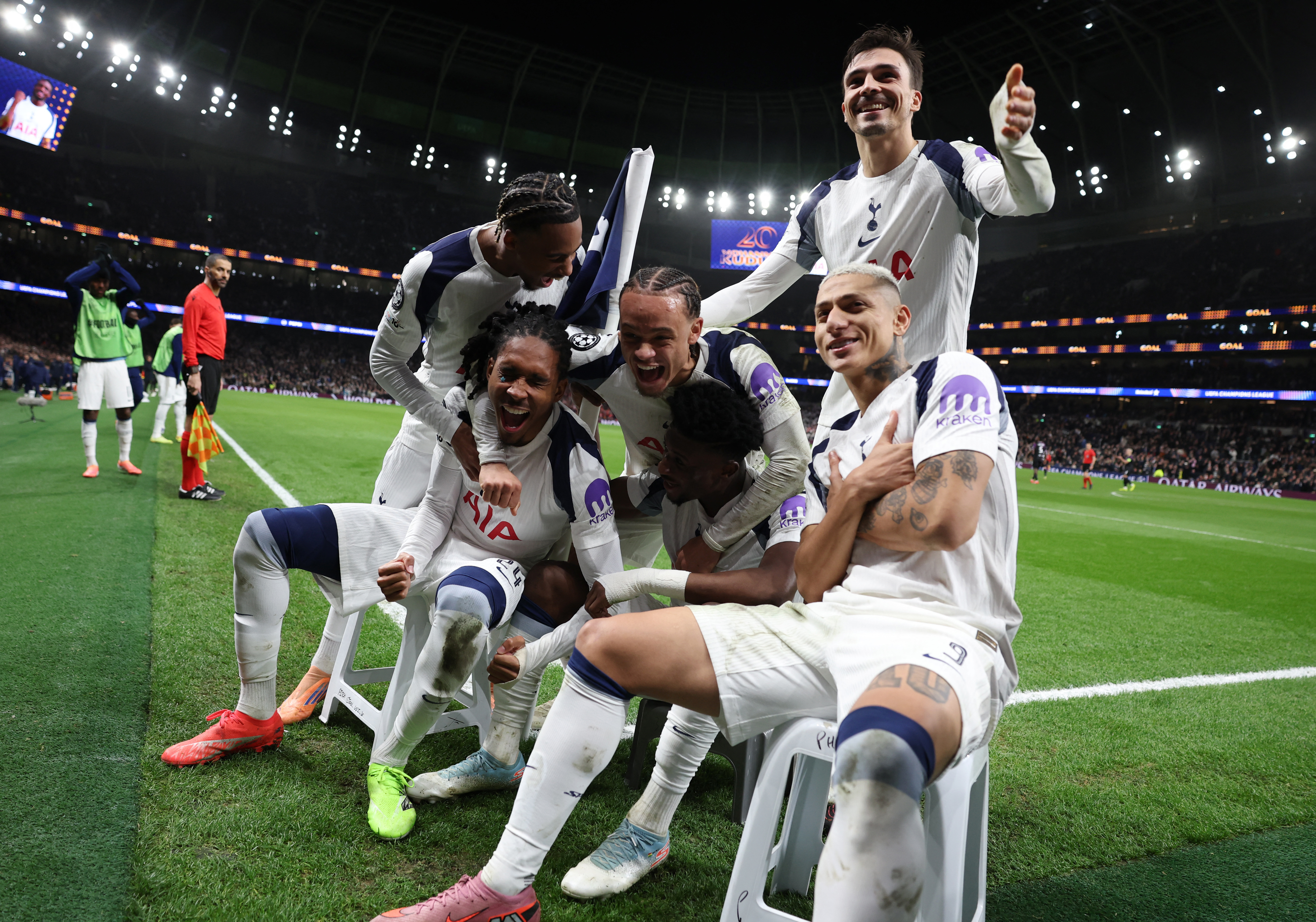 Soccer Football - UEFA Champions League - Tottenham Hotspur v Slavia Prague - Tottenham Hotspur Stadium, London, Britain - December 9, 2025 Tottenham Hotspur's Mohammed Kudus celebrates scoring their second goal with teammates Action Images via Reuters/Paul Childs