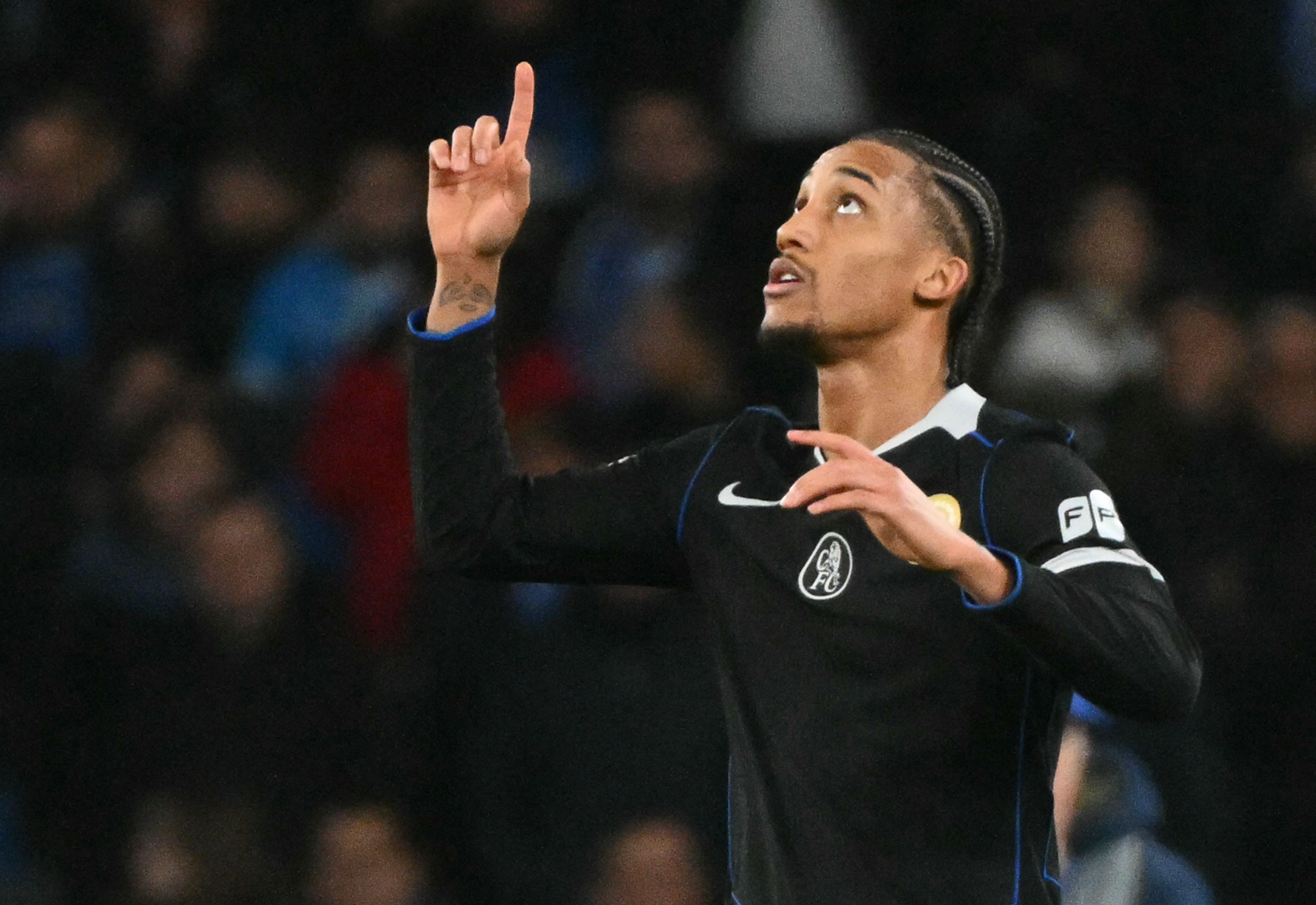 Chelsea's Brazilian striker #20 Joao Pedro celebrates after scoring his team's third goal during the UEFA Champions League - league phase day 8 football match between Napoli and Chelsea at the Diego Armando Maradona stadium in Naples on January 28, 2026. (Photo by Alberto PIZZOLI / AFP)