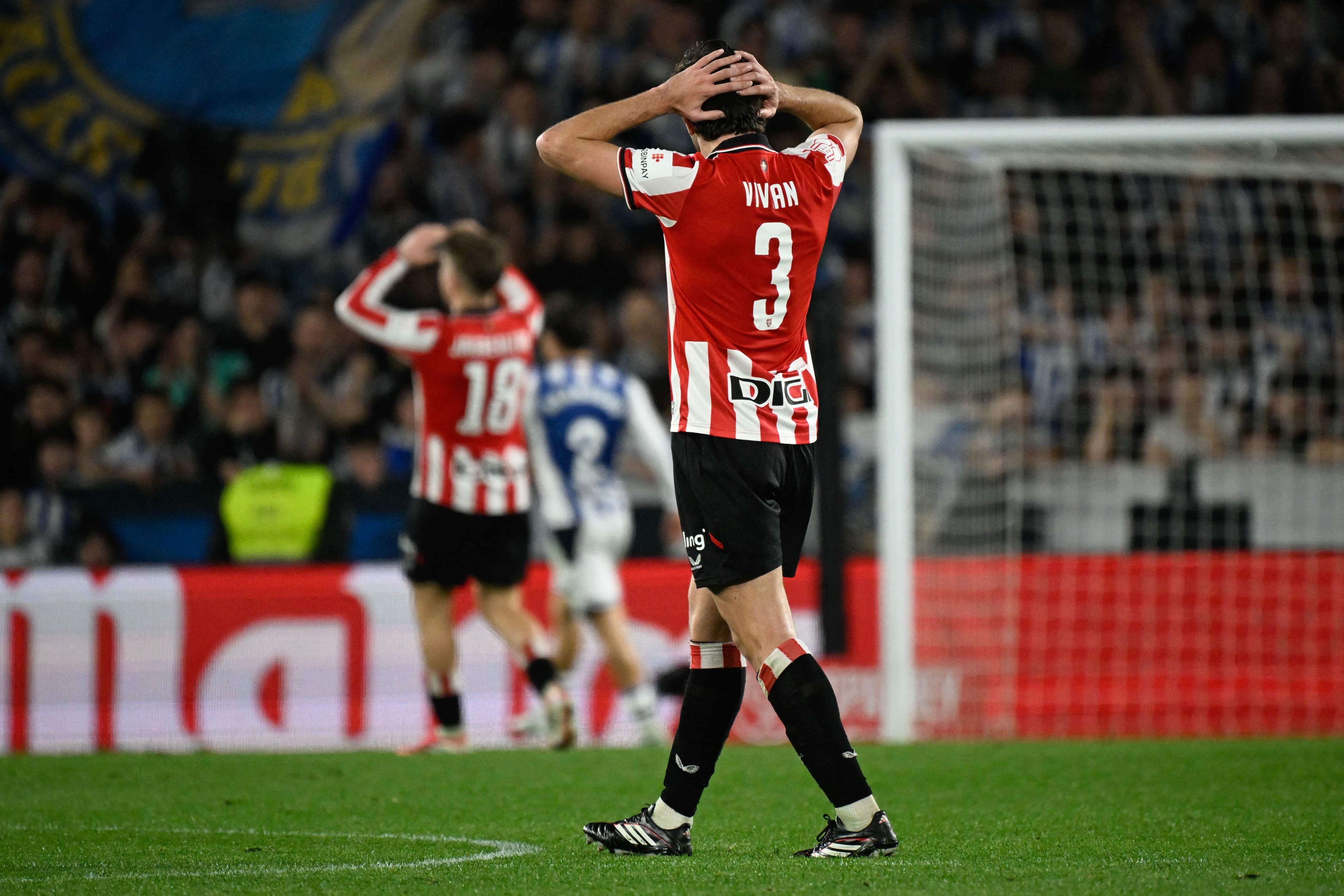 Athletic Bilbao's Spanish defender #03 Dani Vivian gestures during the Copa del Rey (King's Cup) semi final second leg football match between Real Sociedad and Athletic Club Bilbao at thep Anoeta Stadium in San Sebastian on March 4, 2026. (Photo by ANDER GILLENEA / AFP)