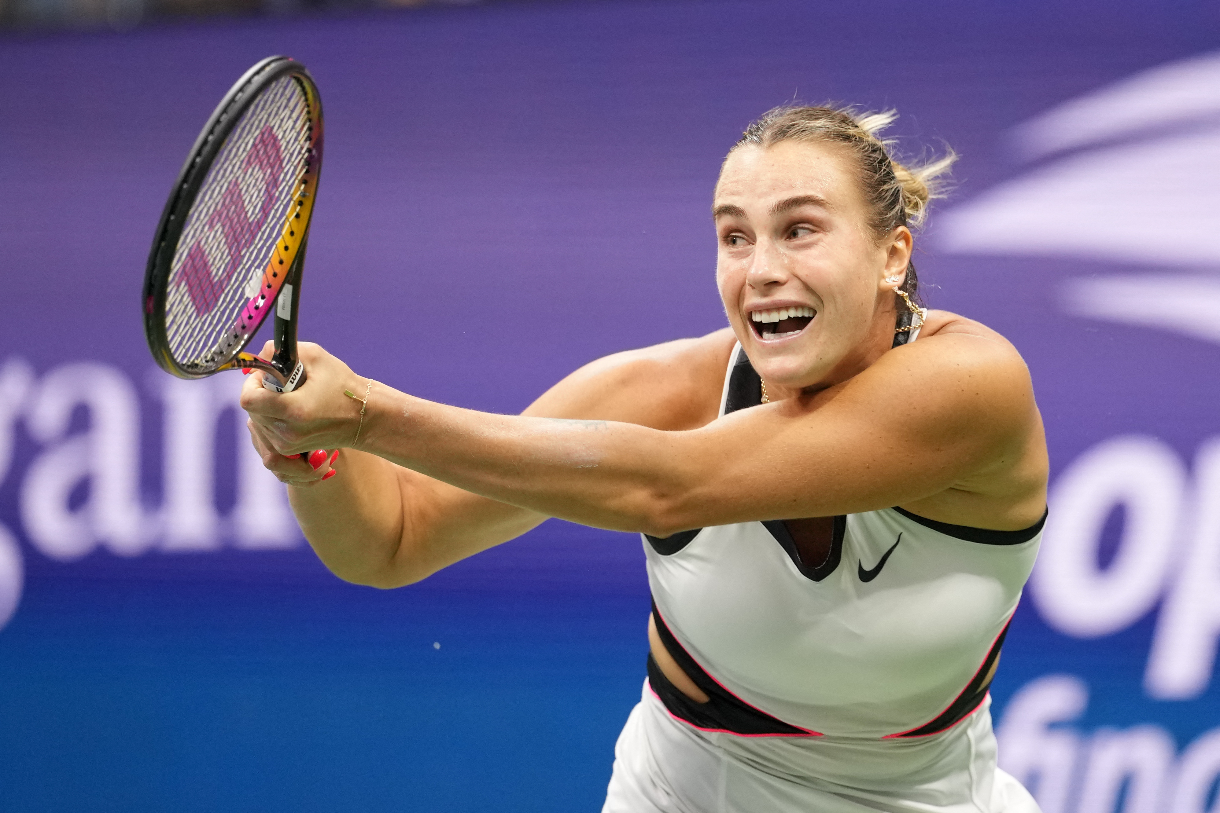 Sep 6, 2025; Flushing, NY, USA; Aryna Sabalenka hits a backhand against Amanda Anisimova (USA) (not pictured) in the women's singles final of the 2025 US Open tennis championships at Billie Jean King National Tennis Center. Mandatory Credit: Robert Deutsch-Imagn Images