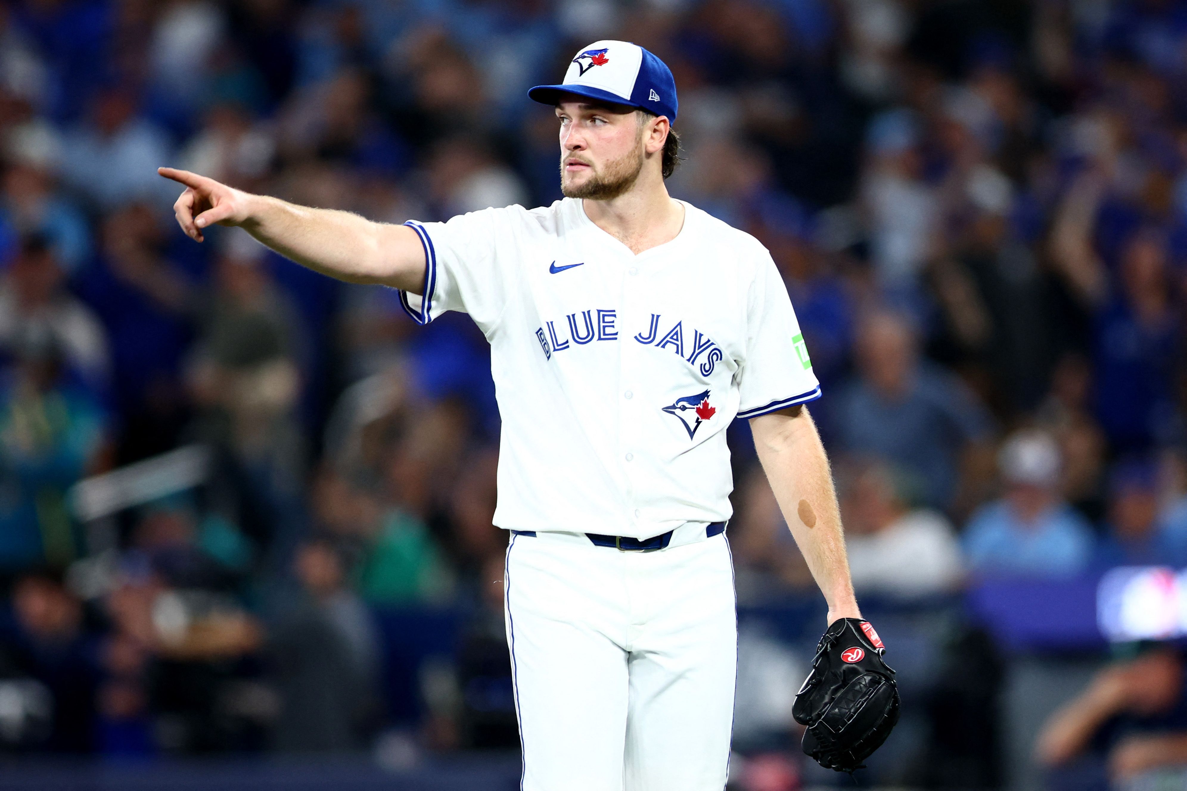 TORONTO, ONTARIO - OCTOBER 19: Trey Yesavage #39 of the Toronto Blue Jays celebrates during the fifth inning against the Seattle Mariners in game six of the American League Championship Series at Rogers Centre on October 19, 2025 in Toronto, Ontario. Vaughn Ridley/Getty Images/AFP (Photo by Vaughn Ridley / GETTY IMAGES NORTH AMERICA / Getty Images via AFP)
