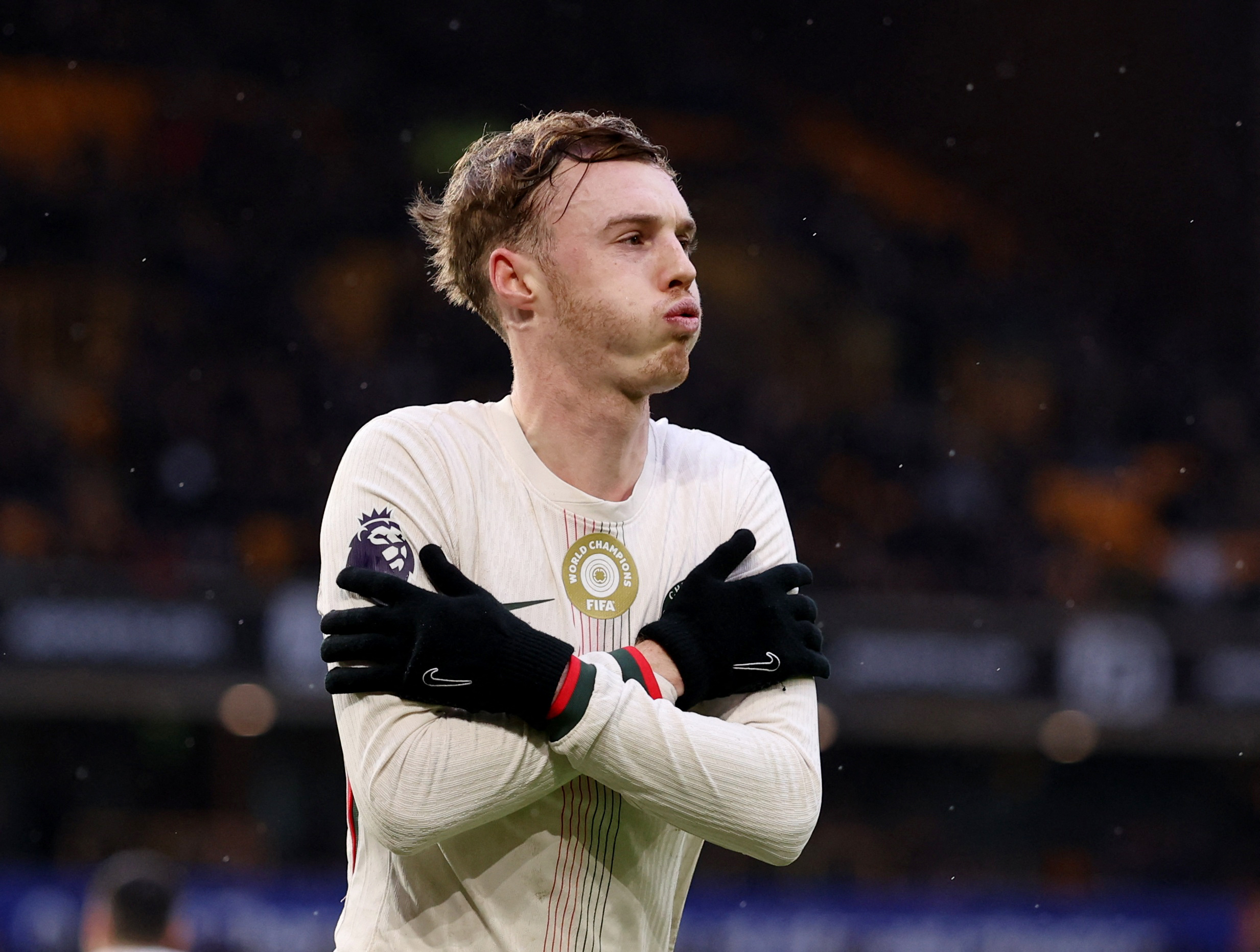 Soccer Football - Premier League - Wolverhampton Wanderers v Chelsea - Molineux Stadium, Wolverhampton, Britain - February 7, 2026 Chelsea's Cole Palmer celebrates scoring their third goal REUTERS/Chris Radburn EDITORIAL USE ONLY. NO USE WITH UNAUTHORIZED AUDIO, VIDEO, DATA, FIXTURE LISTS, CLUB/LEAGUE LOGOS OR 'LIVE' SERVICES. ONLINE IN-MATCH USE LIMITED TO 120 IMAGES, NO VIDEO EMULATION. NO USE IN BETTING, GAMES OR SINGLE CLUB/LEAGUE/PLAYER PUBLICATIONS. PLEASE CONTACT YOUR ACCOUNT REPRESENTATIVE FOR FURTHER DETAILS..