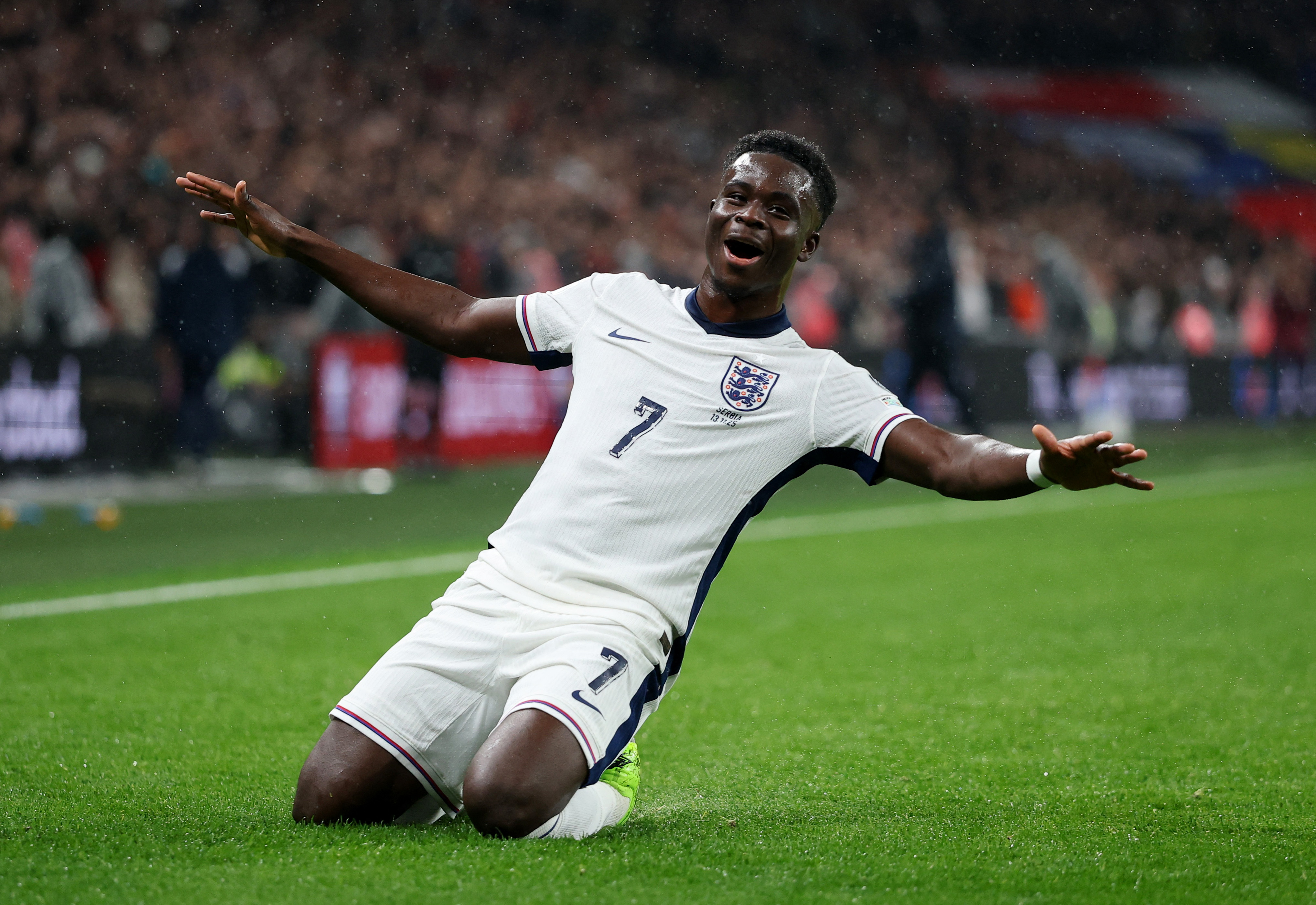 Soccer Football - World Cup - UEFA Qualifiers - Group K - England v Serbia - Wembley Stadium, London, Britain - November 13, 2025 England's Bukayo Saka celebrates scoring their first goal REUTERS/Toby Melville