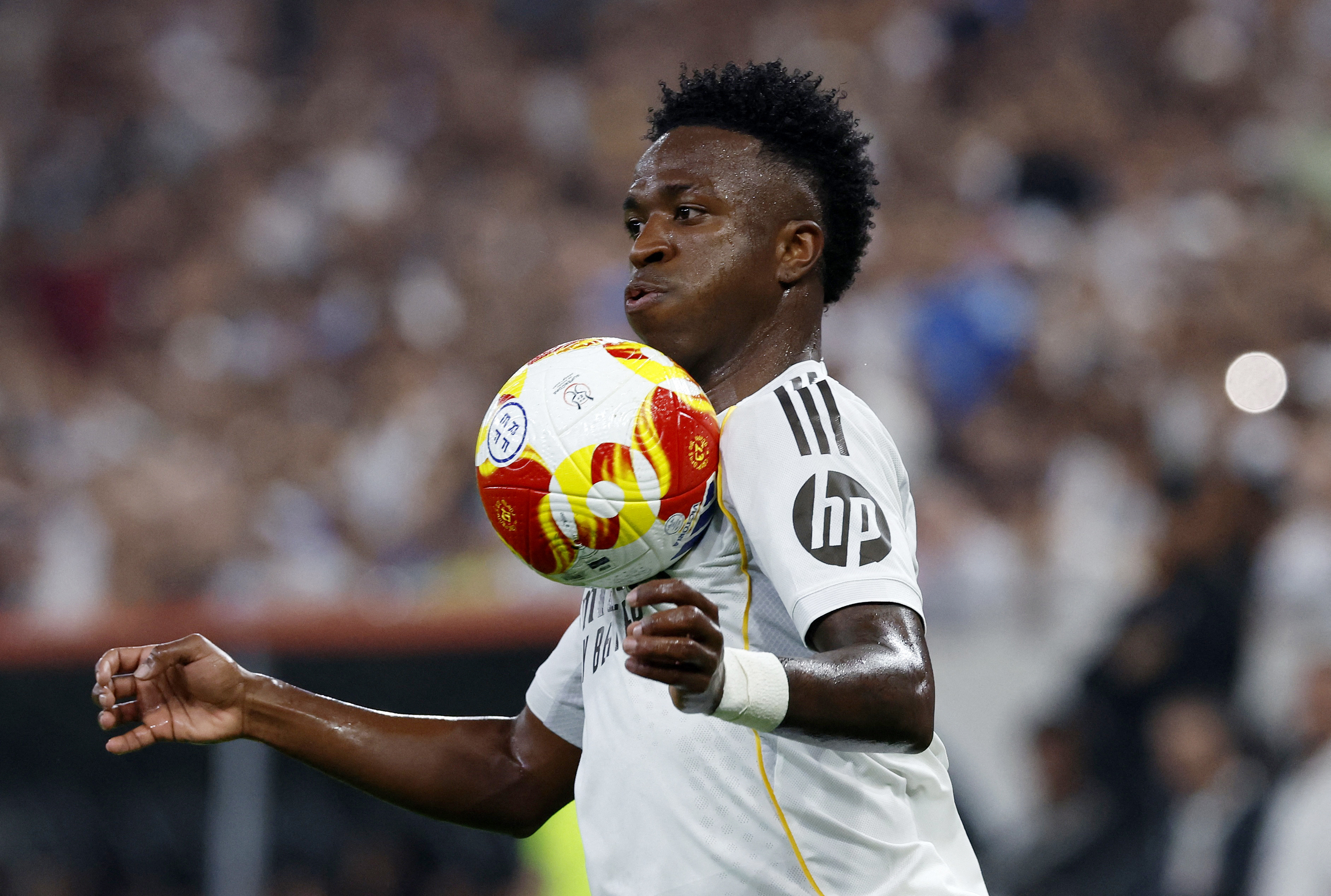 Soccer - Spanish Super Cup - Semi Final - Atletico Madrid v Real Madrid - King Abdullah Sports City, Jeddah, Saudi Arabia - January 8, 2026 Real Madrid's Vinicius Junior in action REUTERS/Vincent West