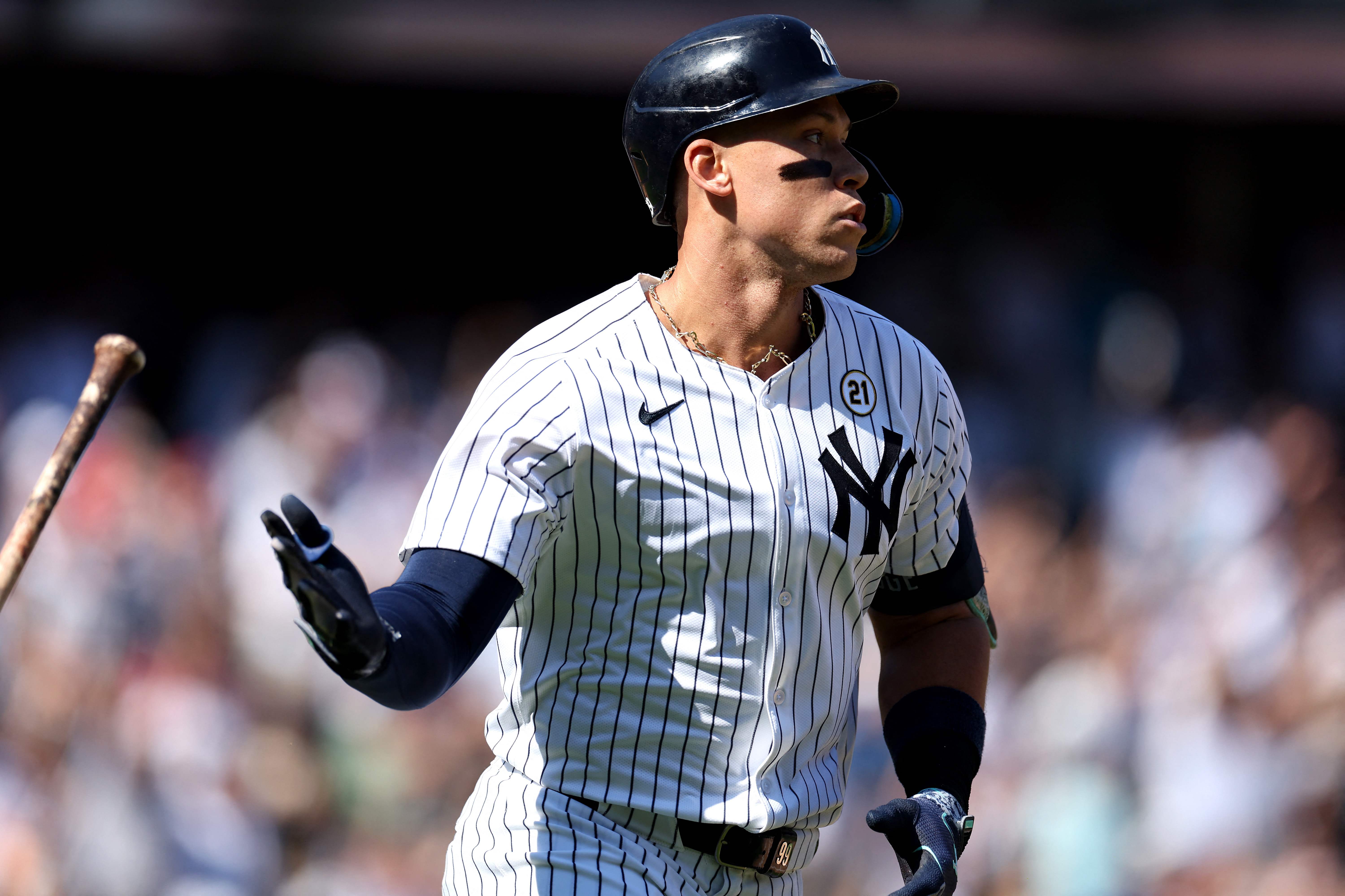 NEW YORK, NEW YORK - SEPTEMBER 15: Aaron Judge #99 of the New York Yankees reacts after a two-run home run against the Boston Red Sox during the third inning at Yankee Stadium on September 15, 2024 in the Bronx borough of New York City.   Luke Hales/Getty Images/AFP (Photo by Luke Hales / GETTY IMAGES NORTH AMERICA / Getty Images via AFP)