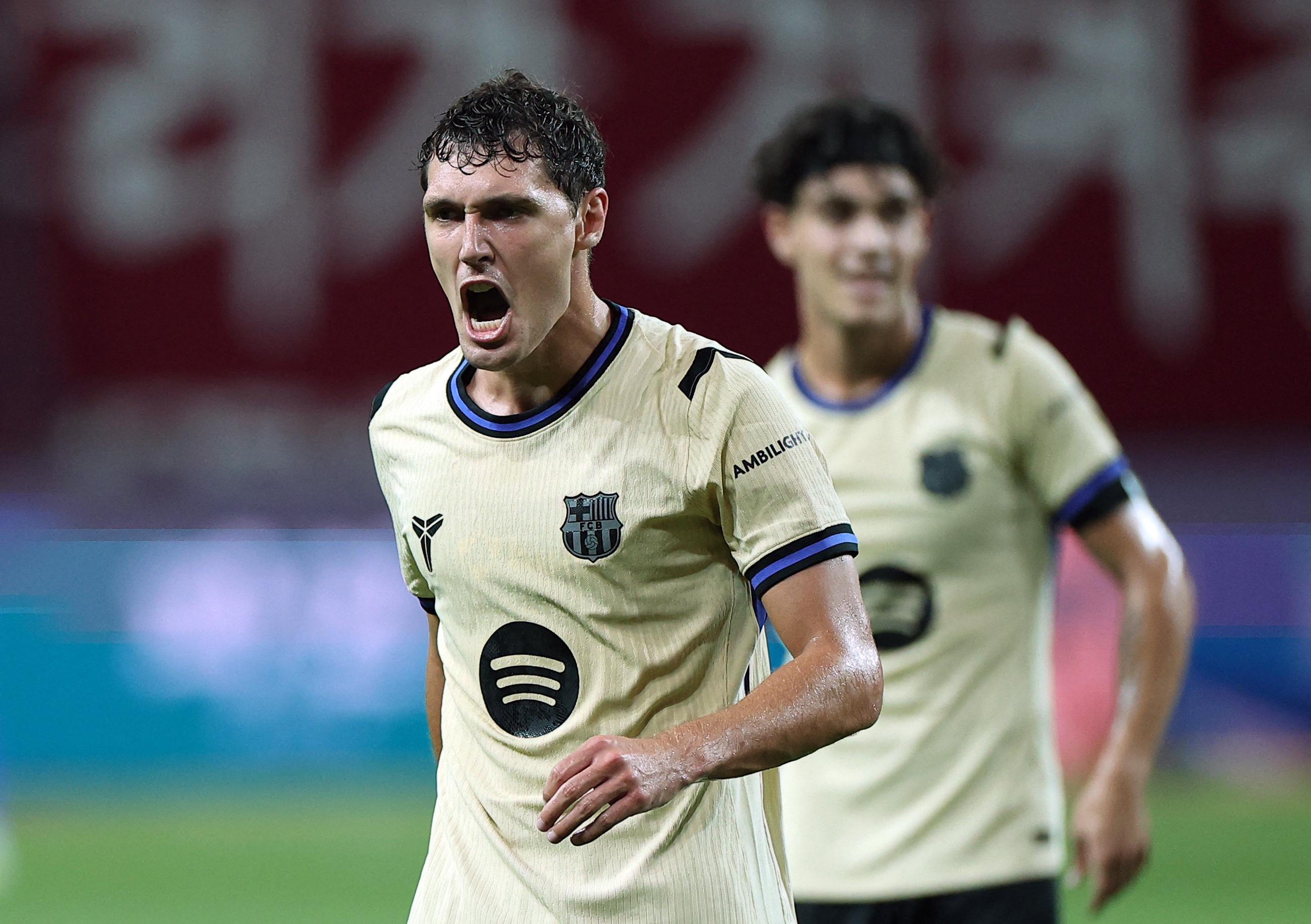 Soccer Football - Pre-Season Friendly - FC Seoul v FC Barcelona - Seoul World Cup Stadium, Seoul, South Korea - July 31, 2025 FC Barcelona's Andreas Christensen celebrates scoring their fourth goal REUTERS/Kim Hong-Ji