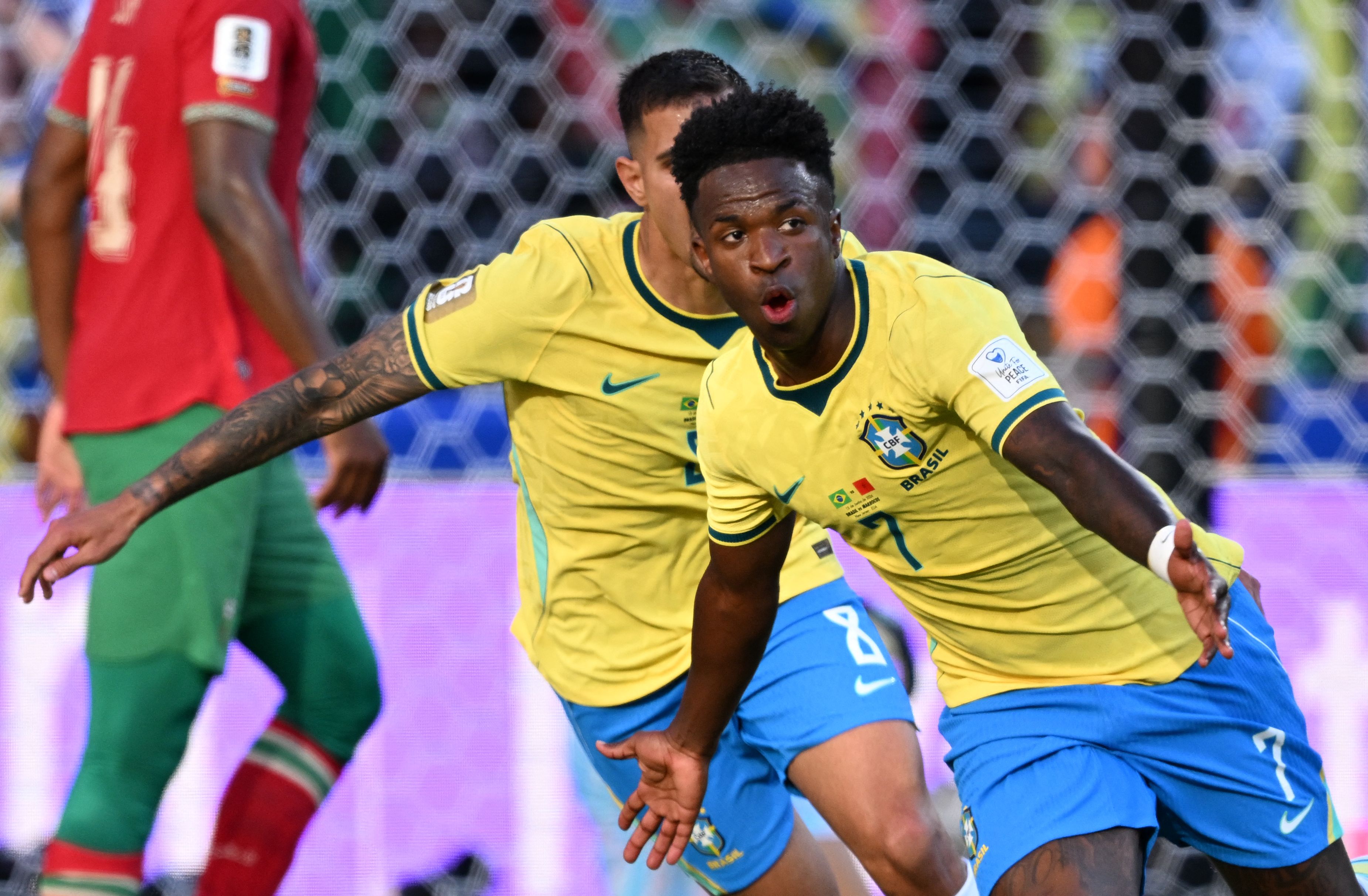 Brazil's forward #07 Vinicius Junior celebrates scoring his team's first goal during the 2026 World Cup Group C football match between Brazil and Morocco at the New York/New Jersey Stadium in East Rutherford on June 13, 2026. (Photo by Jewel SAMAD / AFP)