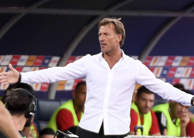 In this Monday, July 1, 2019 photo, Morocco's head coach Herve Renard  during the African Cup of Nations group D soccer match between South Africa  and Morocco in Al Salam Stadium in