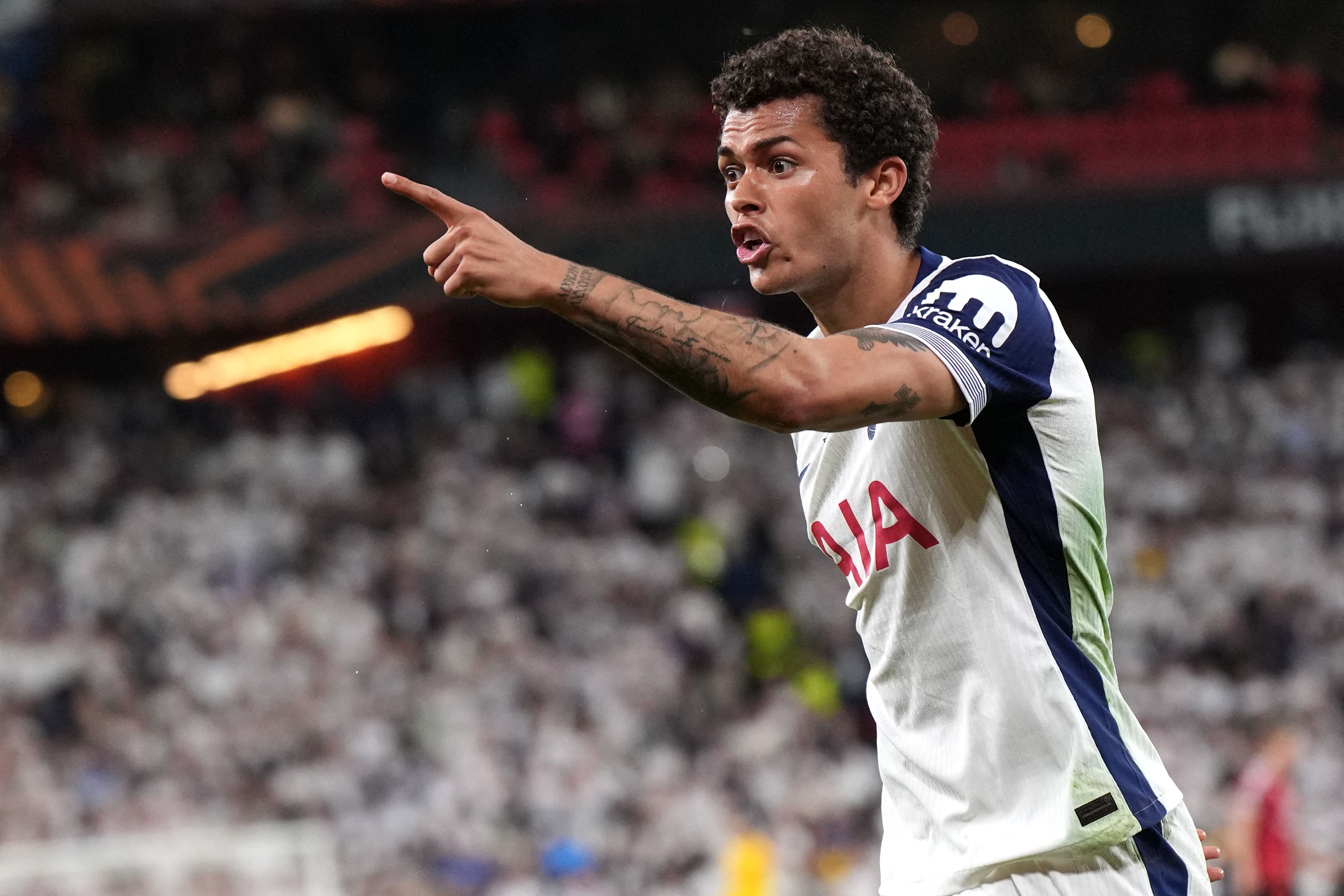 Tottenham Hotspur's Welsh forward #22 Brennan Johnson reacts during the UEFA Europa League final football match between Tottenham Hotspur and Manchester United at San Mames stadium in Bilbao on May 21, 2025. (Photo by Cesar Manso / AFP)