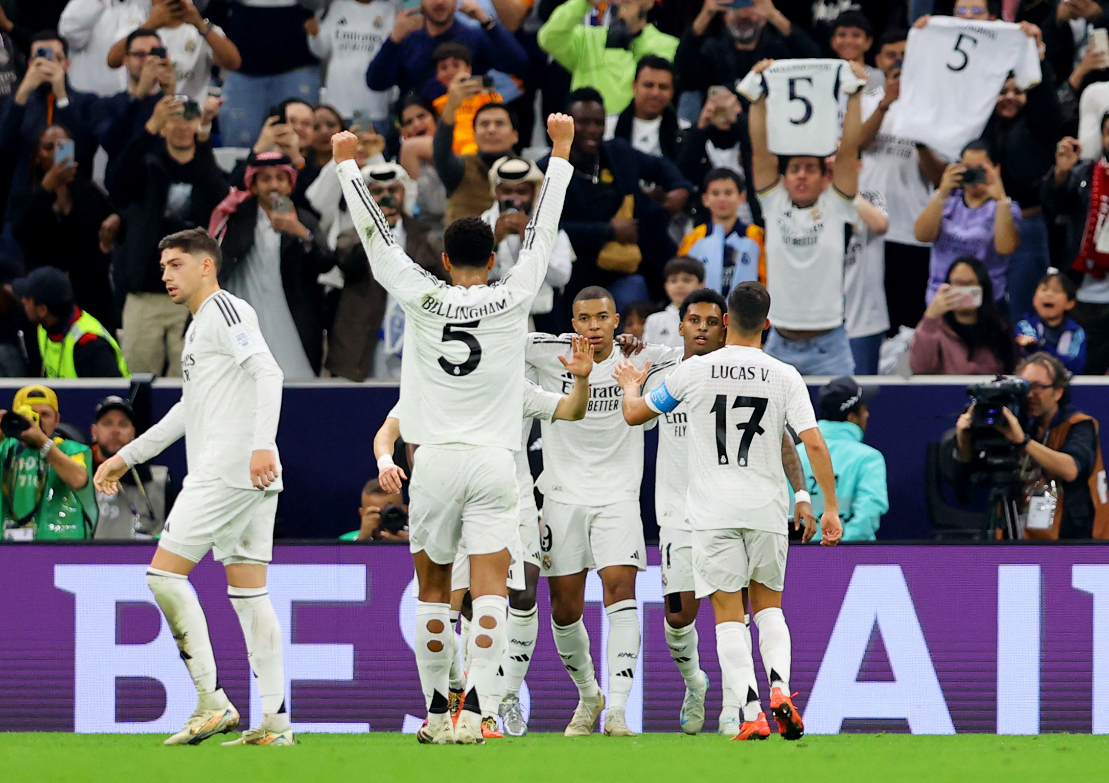 Soccer Football - Intercontinental Cup - Final - Real Madrid v Pachuca - Lusail Stadium, Lusail, Qatar - December 18, 2024 Real Madrid's Kylian Mbappe celebrates scoring their first goal with teammates REUTERS/Ibraheem Al Omari