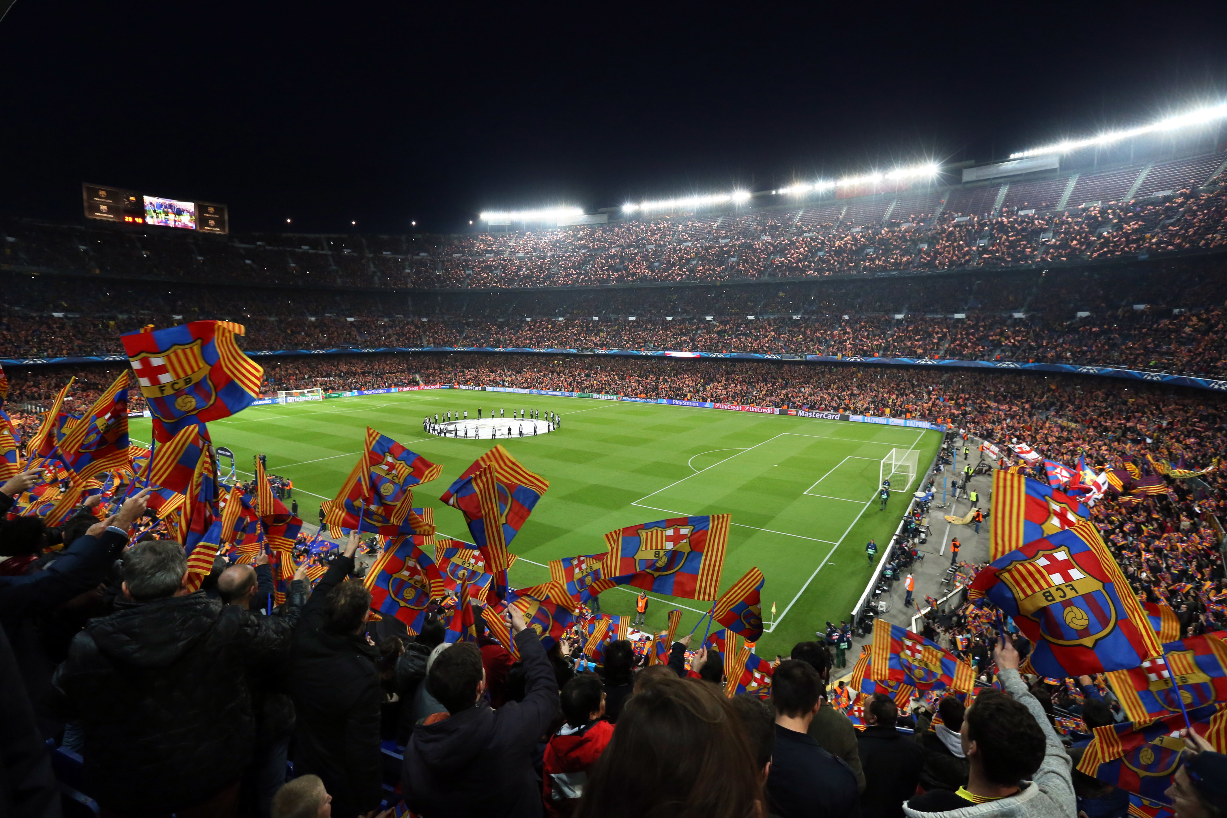 General view of the Camp Nou Stadium, supporters wave flags prior to the UEFA Champions league Quarter Final first leg football match between FC Barcelona and Club Atletico de Madrid at the Camp Nou stadium in Barcelona, Spain, on April 01, 2014. Photo: Manuel Blondeau/AOP.Press/Corbis (Photo by AOP.Press/Corbis via Getty Images)