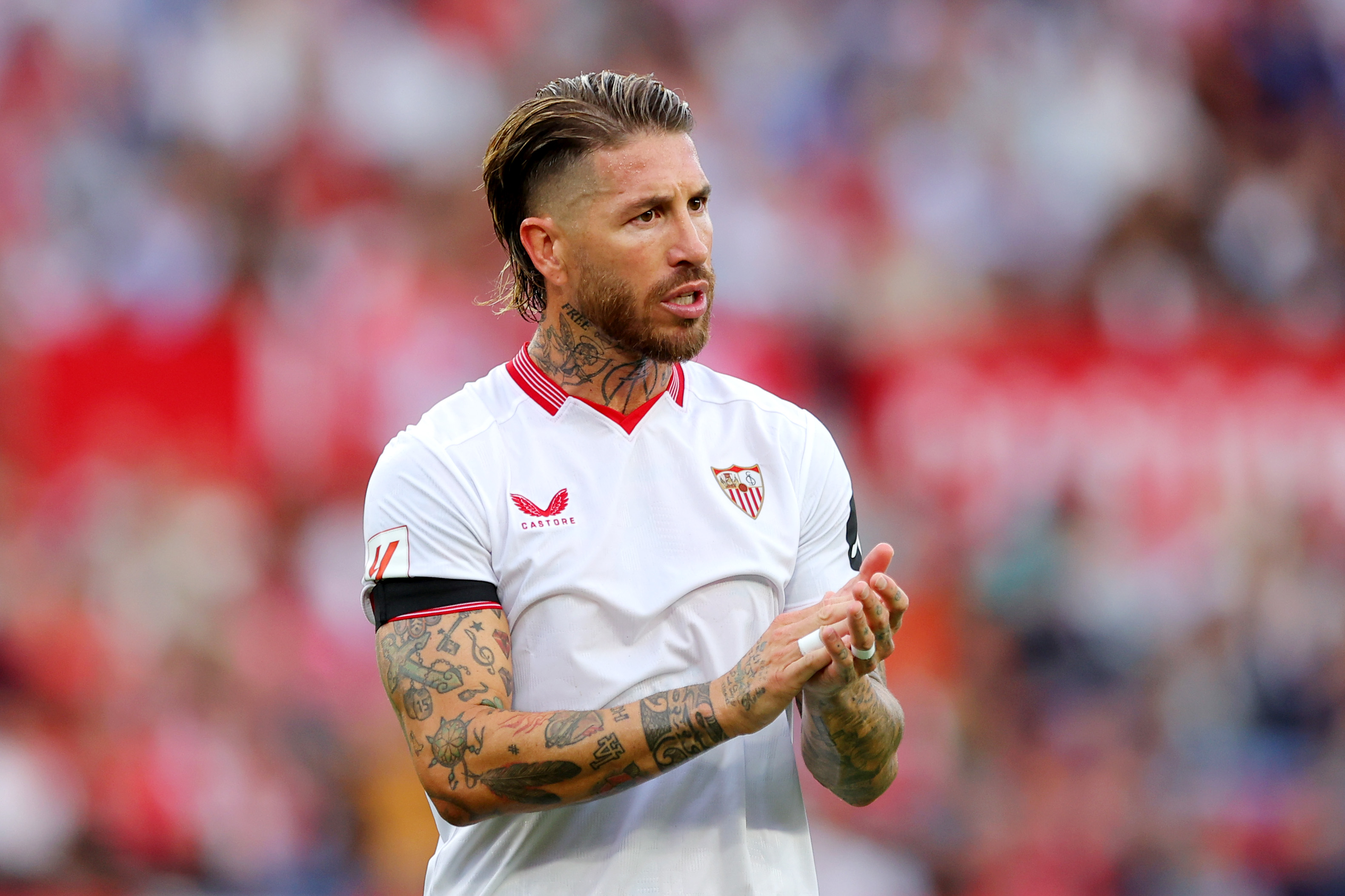 SEVILLE, SPAIN - OCTOBER 21: Sergio Ramos of Sevilla FC applauds during the LaLiga EA Sports match between Sevilla FC and Real Madrid CF at Estadio Ramon Sanchez Pizjuan on October 21, 2023 in Seville, Spain. (Photo by Fran Santiago/Getty Images)