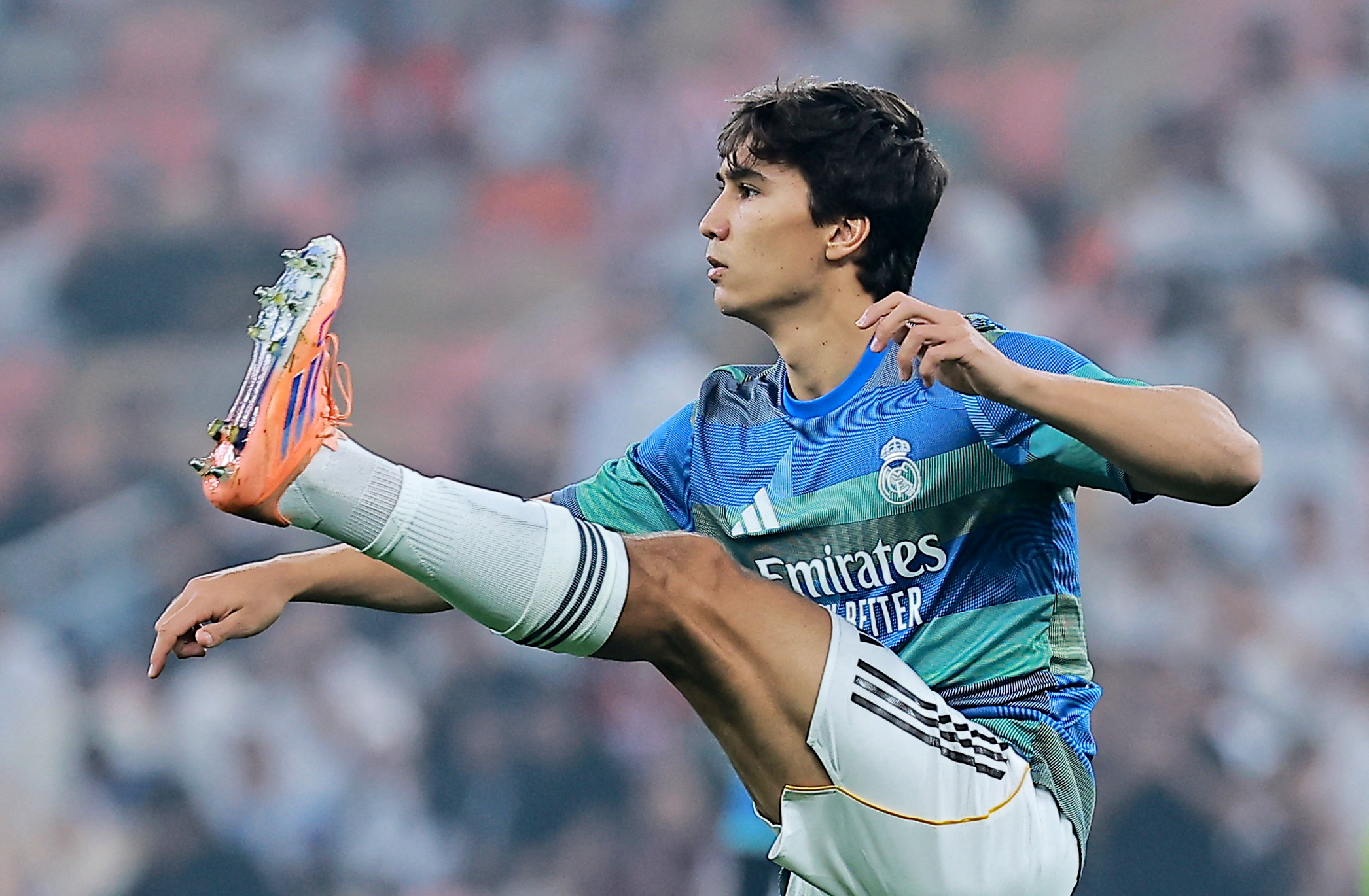 Soccer - Spanish Super Cup - Semi Final - Atletico Madrid v Real Madrid - King Abdullah Sports City, Jeddah, Saudi Arabia - January 8, 2026 Real Madrid's Gonzalo Garcia during the warm up before the match REUTERS/Stringer