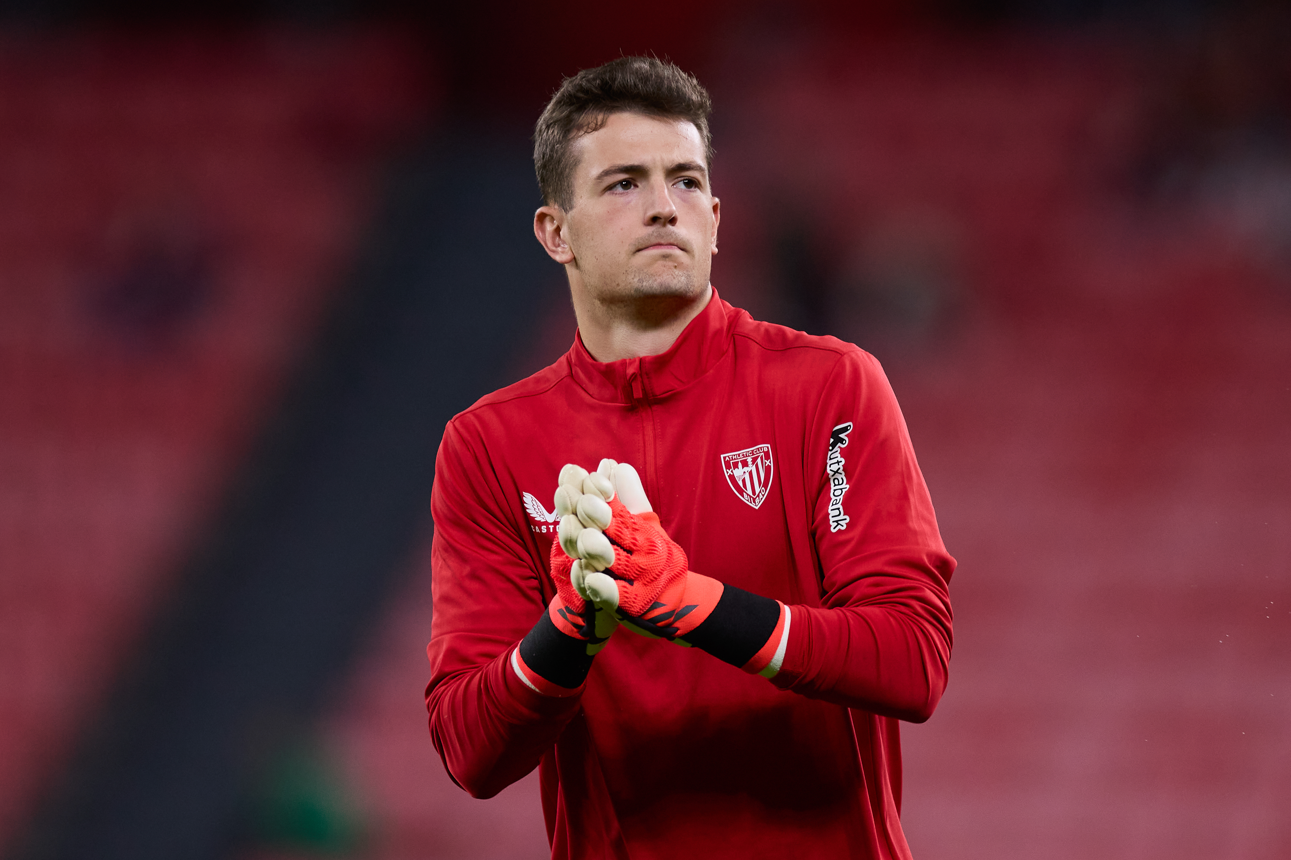 BILBAO, SPAIN - NOVEMBER 03: Julen Agirrezabala of Athletic Club reacts during the LaLiga EA Sports match between Athletic Club and Real Betis Balompie at San Mames on November 3, 2024, in Bilbao, Spain. (Photo By Ricardo Larreina/Europa Press via Getty Images)